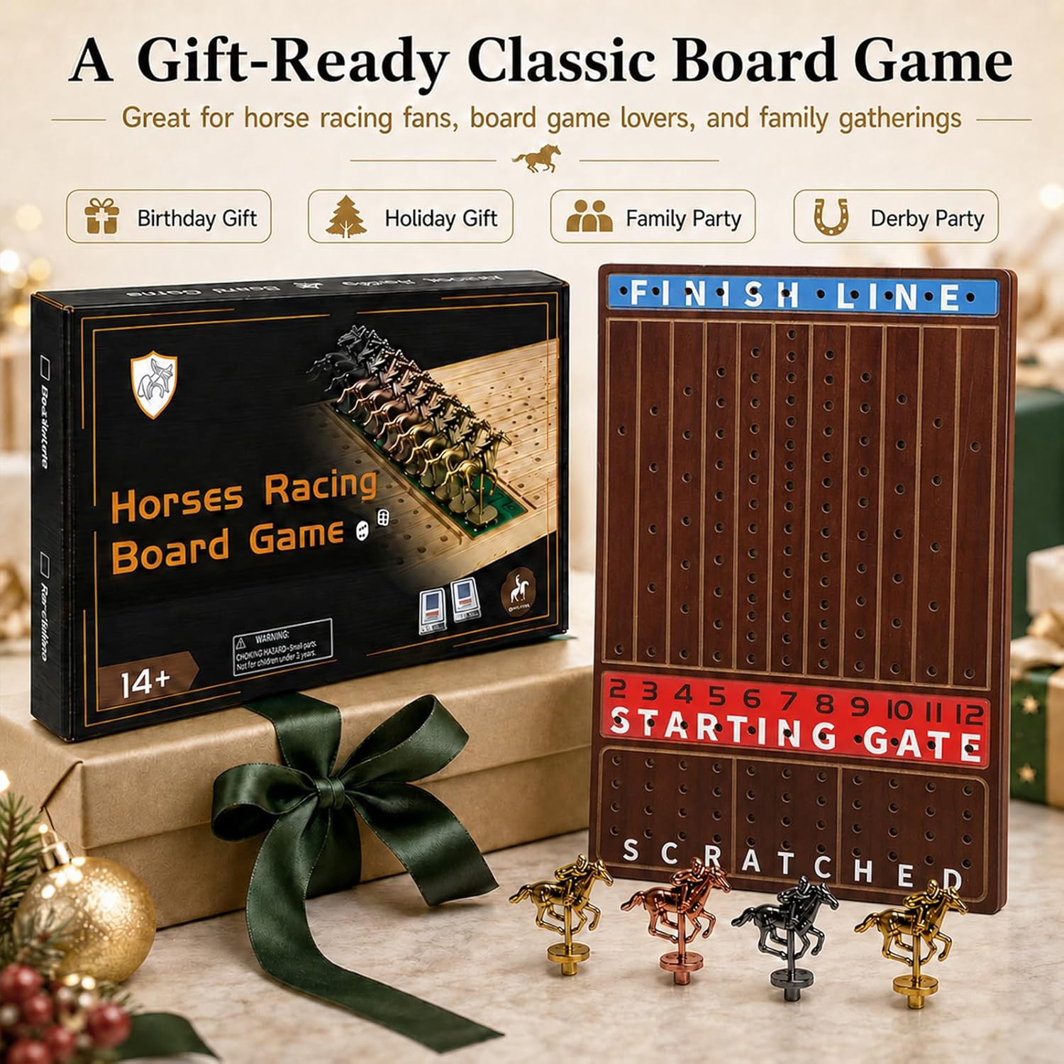 Jyquorp Horse Race Board Game Wooden Kentucky Derby Party Game Set with 11 Metal Horses, 2 Dice & 2 Card Decks, Large Solid Wood Horse Racing Board Game for Family & Adults (15.6" x 10") - Image 8