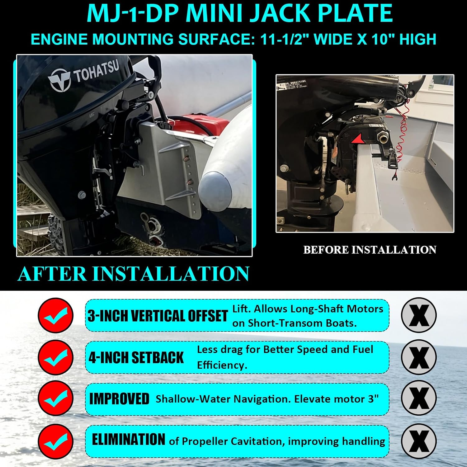 MJ-1-DP Jack Plate 4'' Setback Small Engine Jack Plate for Outboard Motors Up to 35HP (Wooden Mounting Block Included) Manual Add Distance Between Engine and Transom - Image 3