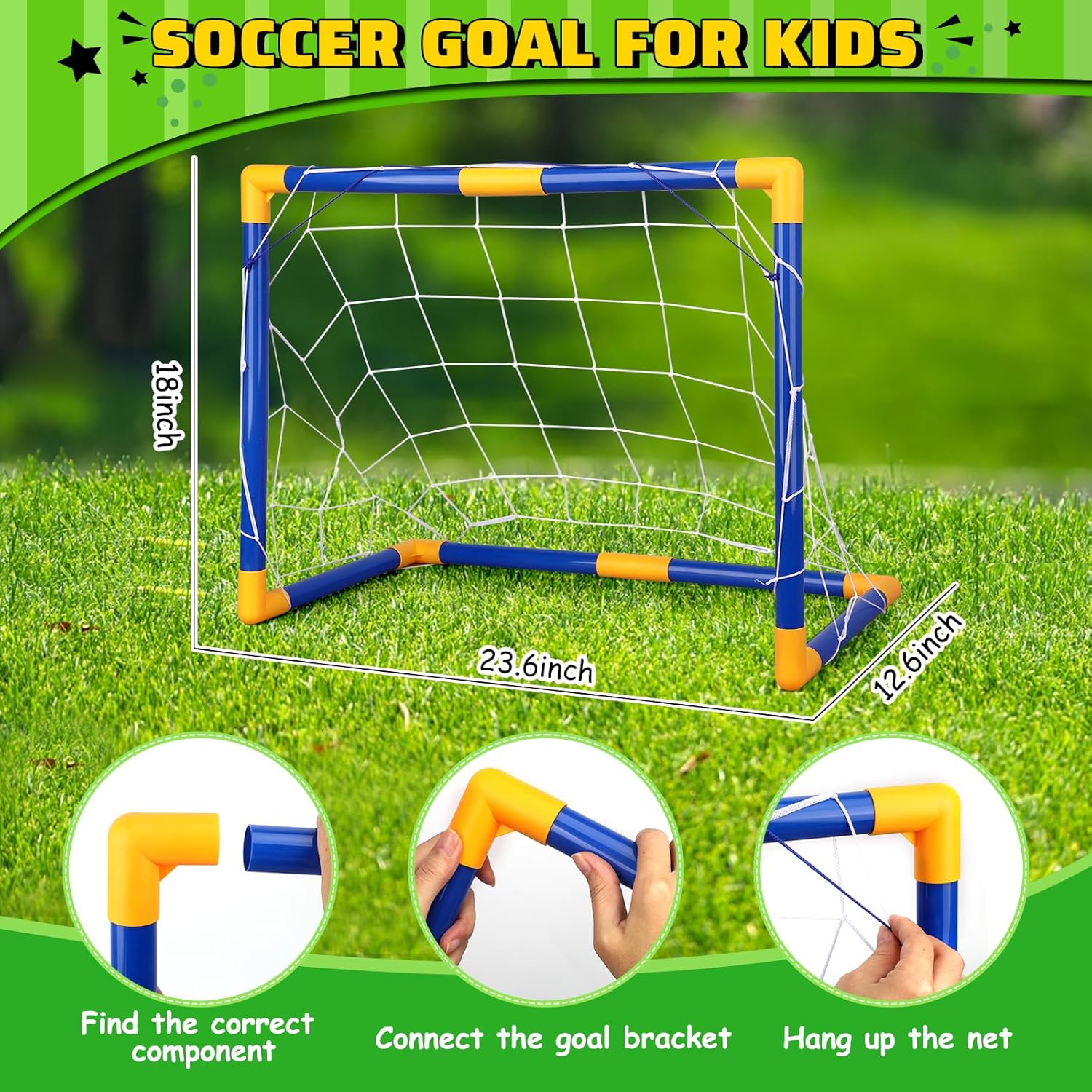 Soccer Goal Set with 3 Ball Pump for Toddler Kid, Portable Goals Training Equipment for Garden Indoor Outdoor Backyard, Birthday Gift for Boy Girl Sports Toy Family Game 23" W×18" H×12" D - Image 2