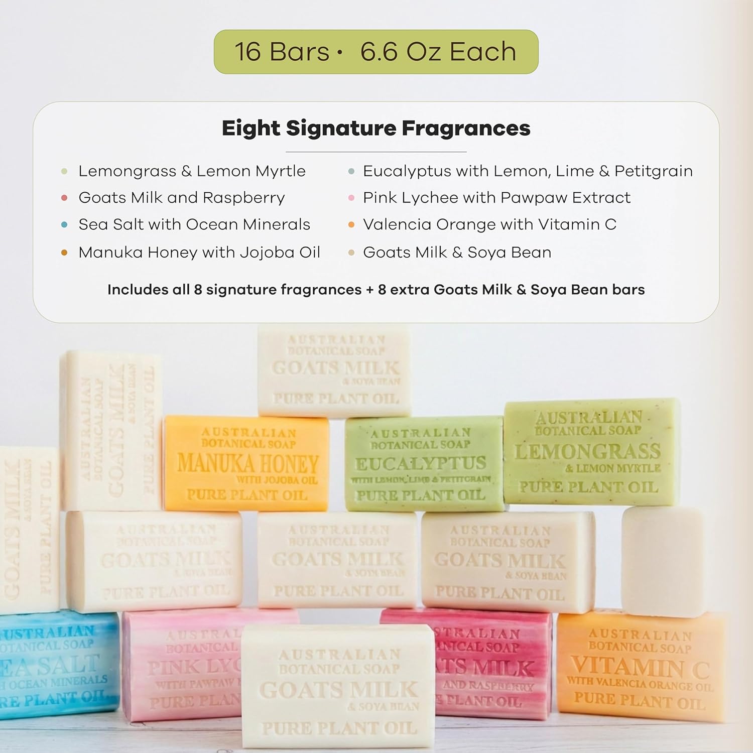 Australian Botanical Soap 16-Bar Set, Goats Milk & Soya Bean 8-Pack + Variety 8-Pack,| 6.6 OZ Triple-Milled Soap Bars with Organic Shea Butter & Sustainable Plant Oils - Image 3