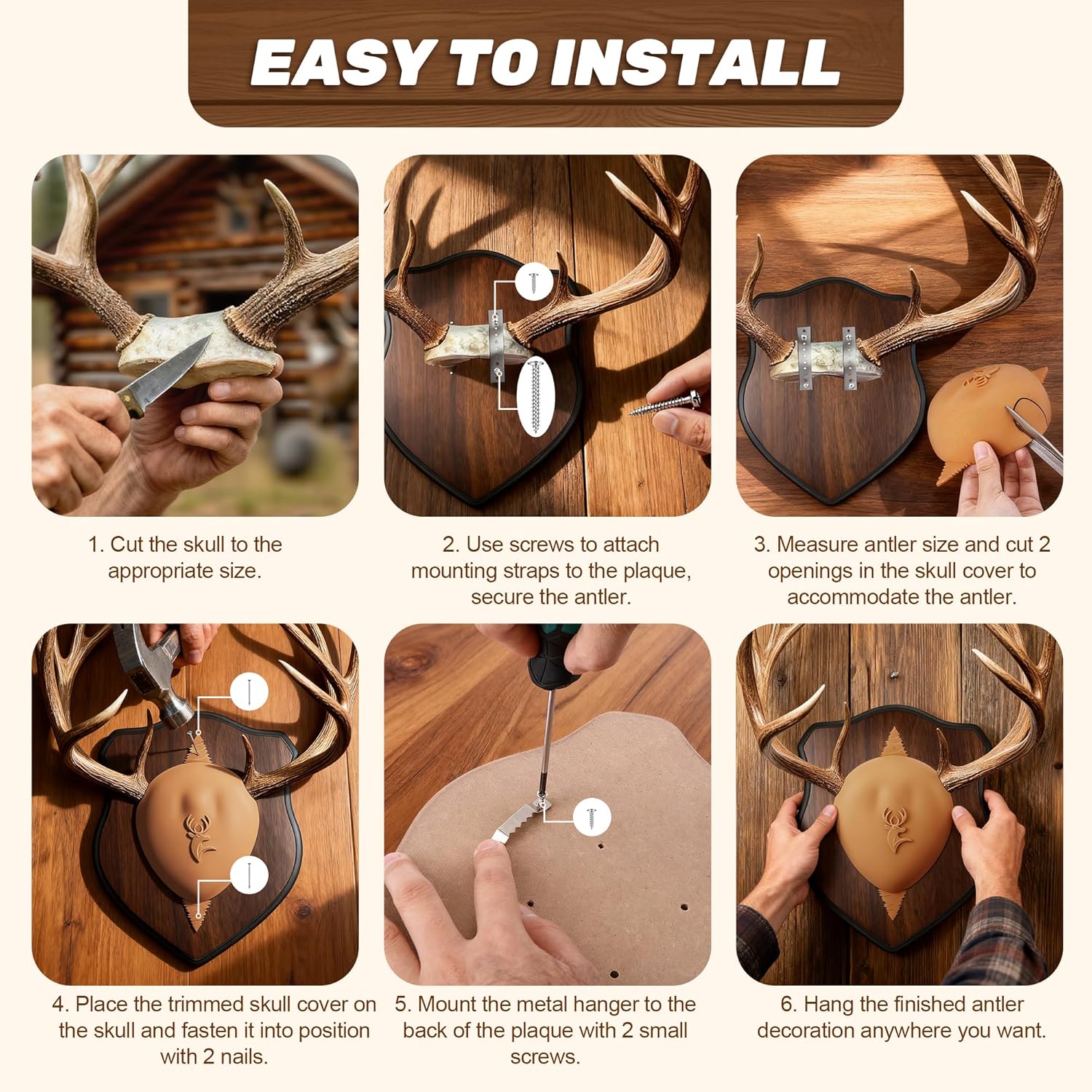 Deer Antler Mounting Kit, Wood Plaque Antler Mounting Kit with Silicone Skull Cover, Hardware Included (Brown Skull Cover,4 Pack) - Image 4