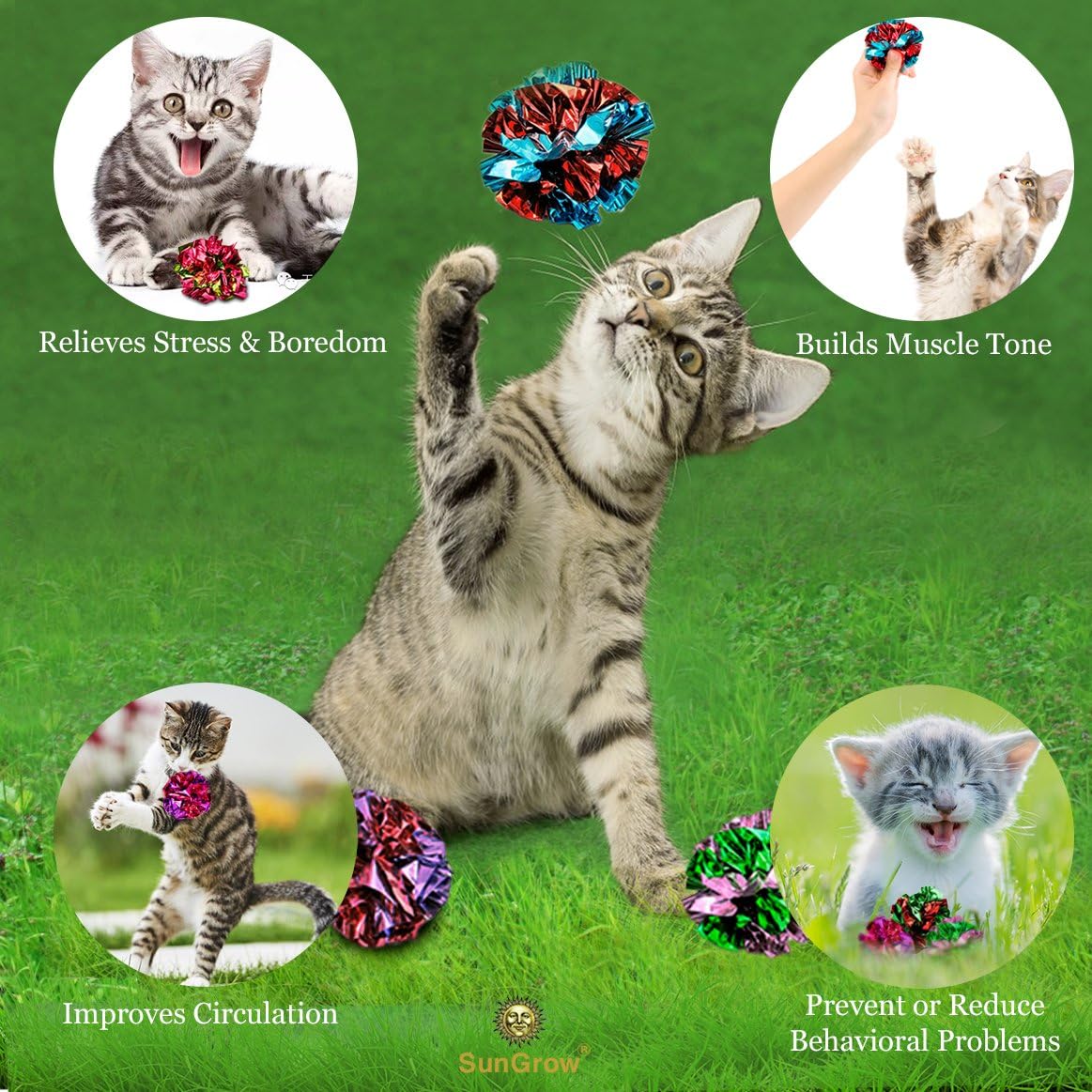 SunGrow 12 Pack Cat Crinkle Balls - 2 Inch Toys for Indoor Pets - Keep Your Feline Energetic & Excited with Vibrant Colors, Lightweight Design for Long-Lasting Fun, Perfect for Playtime - Image 3