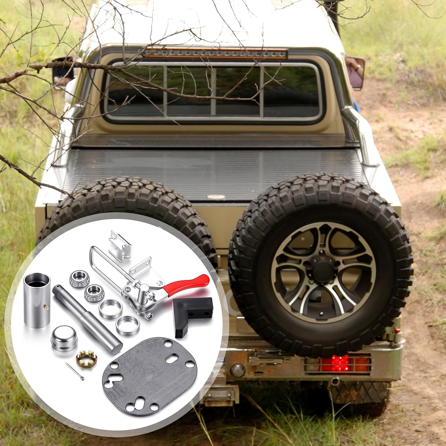 Canchiing Tire Carrier Hinge Kit Include Necessary Latch, Slewing Bearing, Bearing Hub and Seal, Brake Cover, Metal Plate and Poly Urethane Stop Spare Tire Carrier Hing Kit for Installation - Image 3