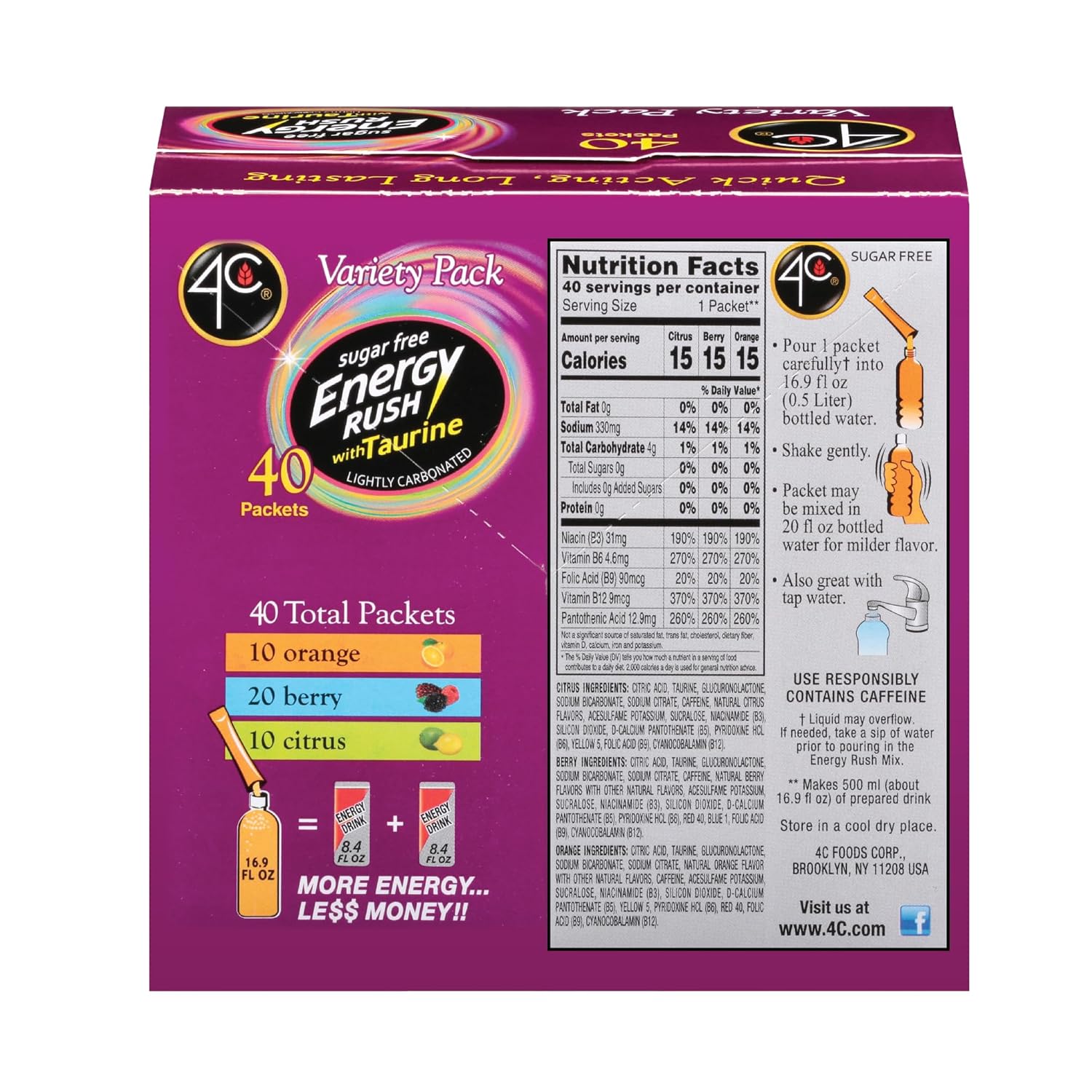 4C Energy Rush Stix, Variety 1 Pack, 40 Count, Single Serve Water Flavoring Packets, Sugar Free with Taurine, On the Go Bundle (20 Berry, 10 Orange, 10 Citrus) - Image 2