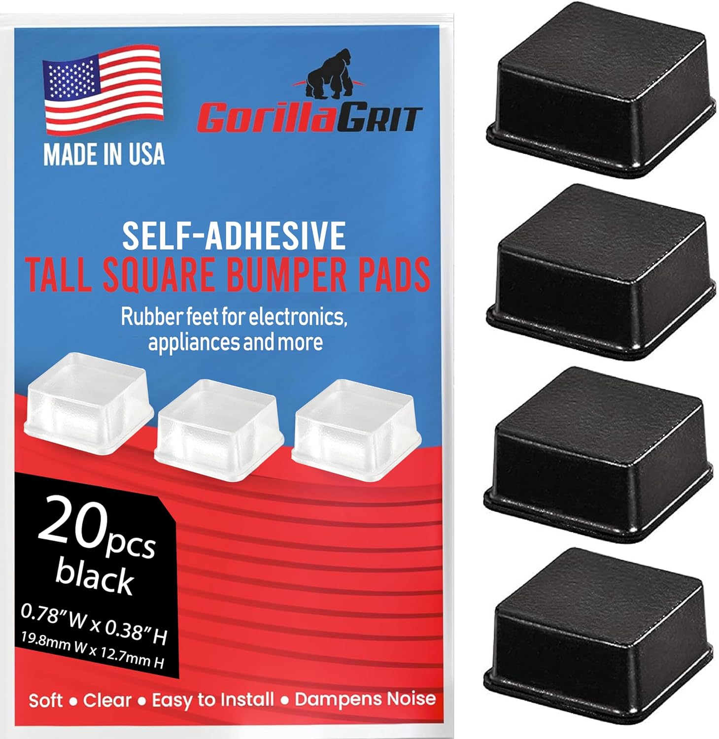 Black Tall Square Adhesive Rubber Bumper Pads - Made in USA – Rubber Feet for Speakers, Electronics, Furniture, Appliances, Audio Equipment - 20 Pieces