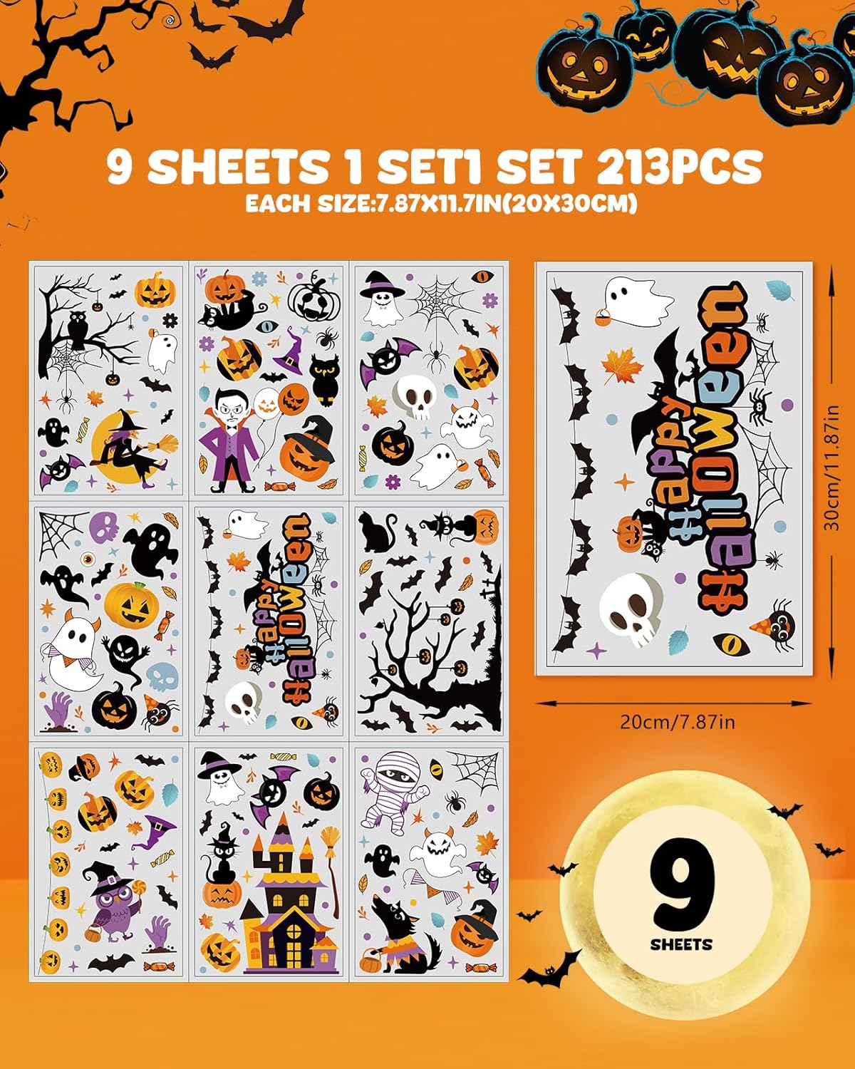 Halloween Window Clings - 9 Sheets 213 Pcs Happy Halloween Window Decorations Indoor for Home Party Eyes Pumpkin Ghost Bats Witch Stickers for Glass Double-Sided Removable Static Glass Decals - Image 2