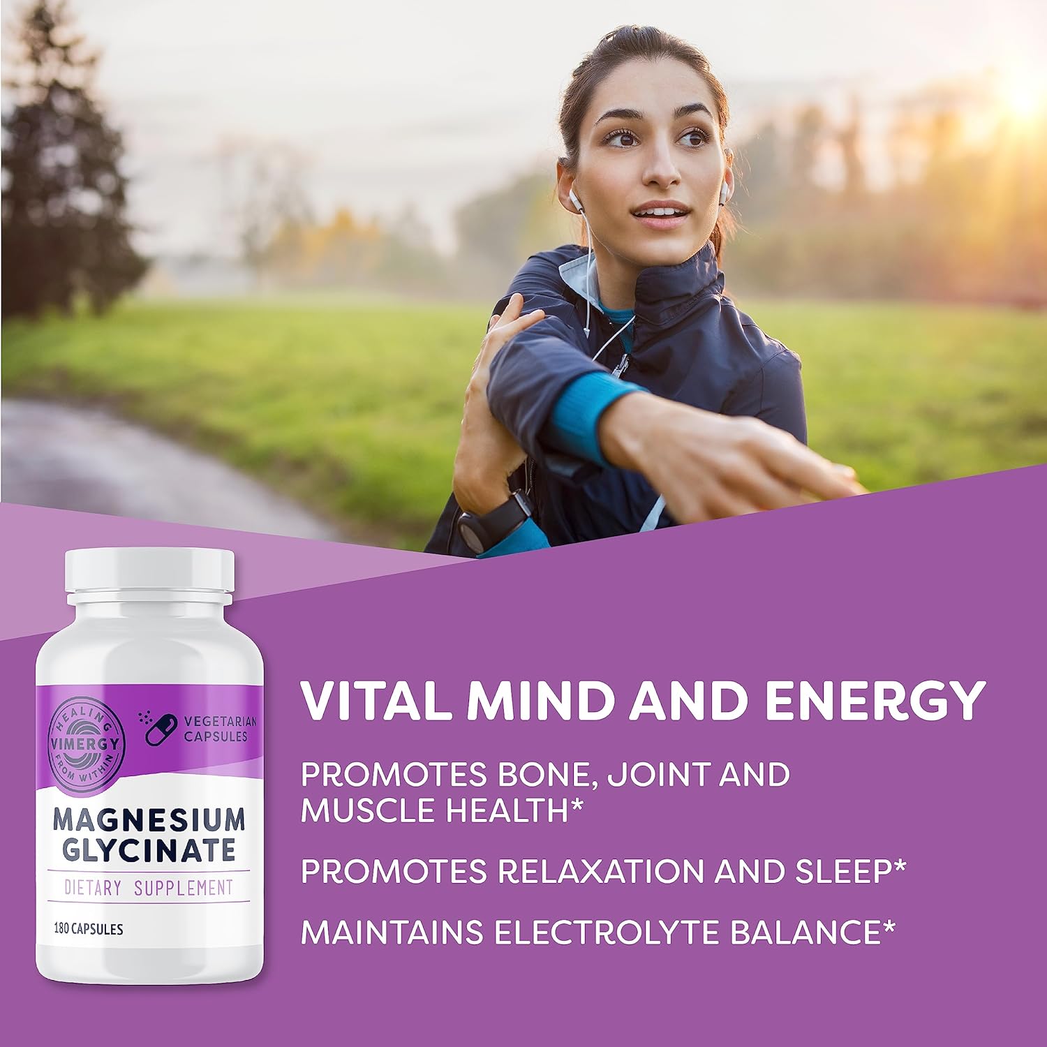 VIMERGY Magnesium Glycinate – Stress Support – Chelated to Avoid Tummy Upset*– Promotes Heart Health & Energy*– Kosher, Vegan Gluten-Free – 180 Caps - Image 3