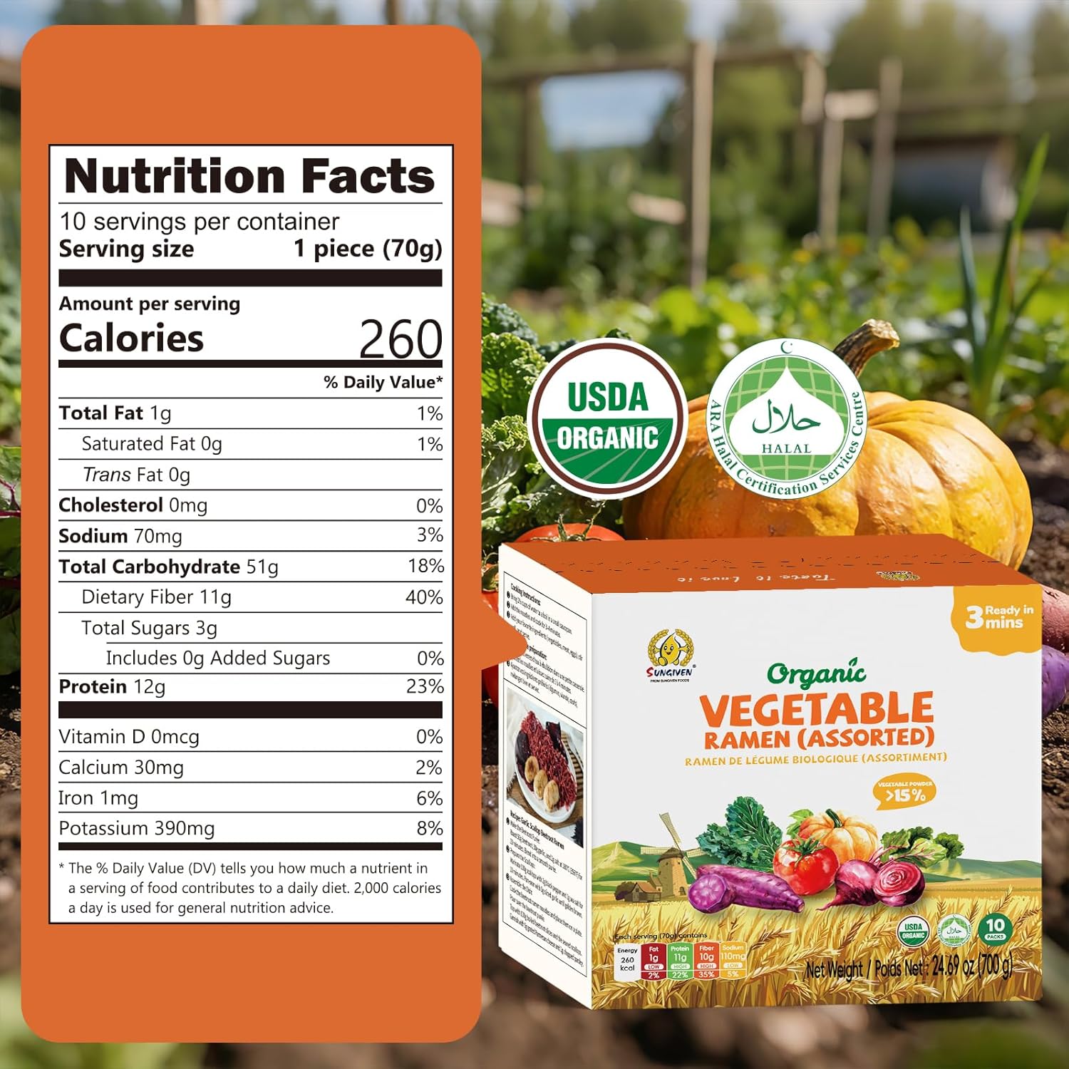 SUNGIVEN Organic Ramen Noodles Mixed Vegetable Healthy Low Sodium Ready in 3 Minutes Non-Fried Instant No Additives or Preservatives 2.47 OZ (Pack of 10) - Image 2