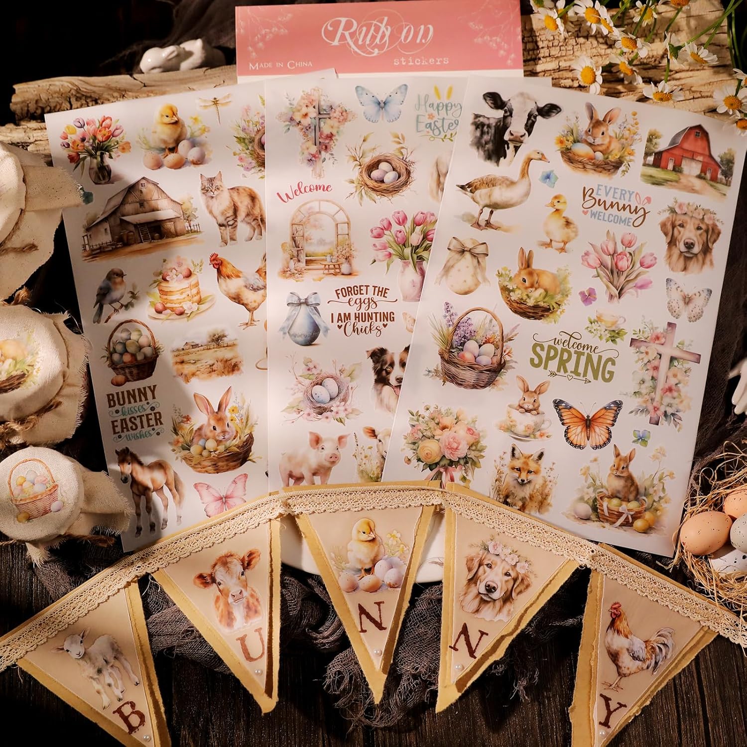 Spring Easter Crafts Rub On Transfers Sticker Vintage Floral Farm Rabbit Cow Decal DIY Egg Cute Bunny Use for Fabric Clay Paper Wood Holiday Scrapbooking Embellishments (Larger 3 Sheets) - Image 4