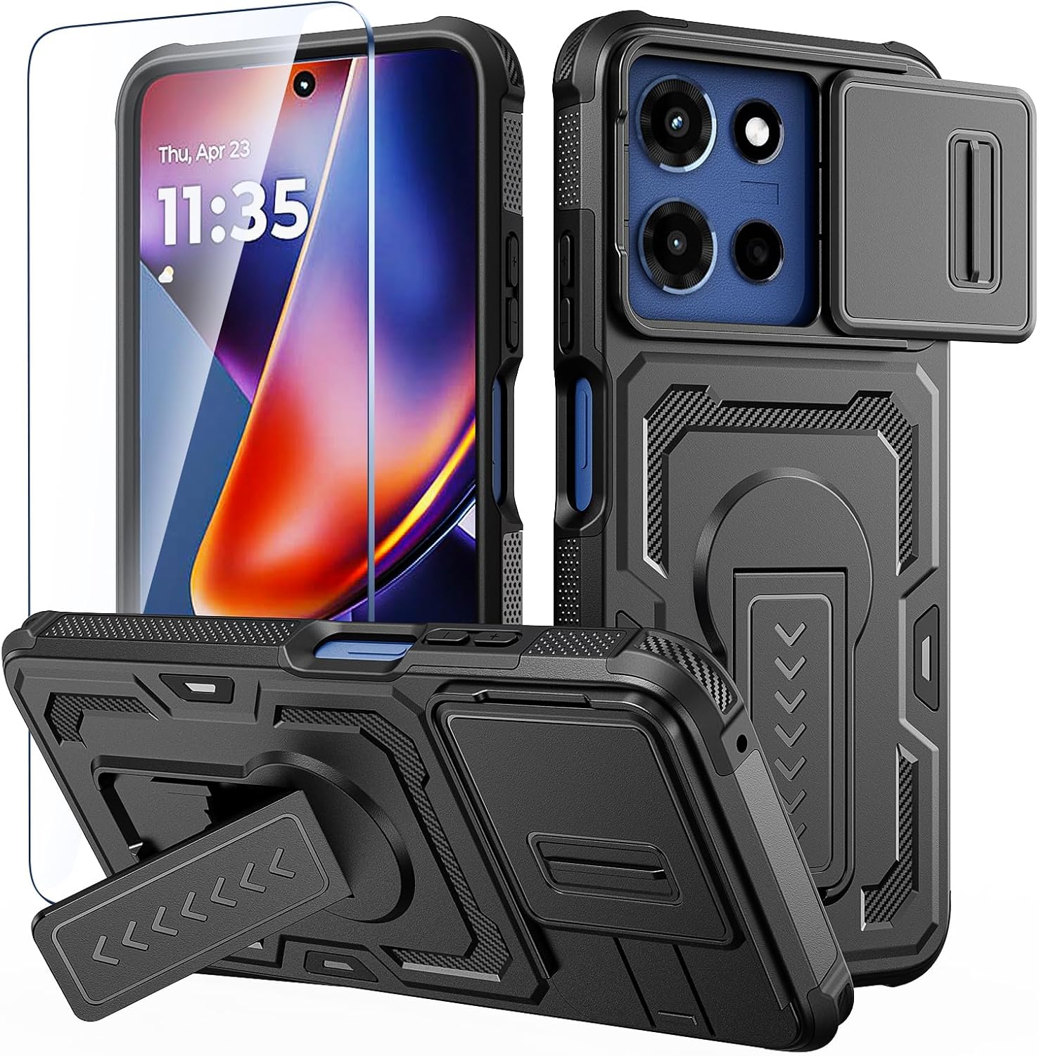 Lanhiem for Moto G 2026 / G Play 2026 / G 5G 2025 Case with HD Screen Protector, Slide Camera Cover, Military-Grade Shockproof Cover with Kickstand & Dual-Layer Protection, Anti-Slip Grip,Black