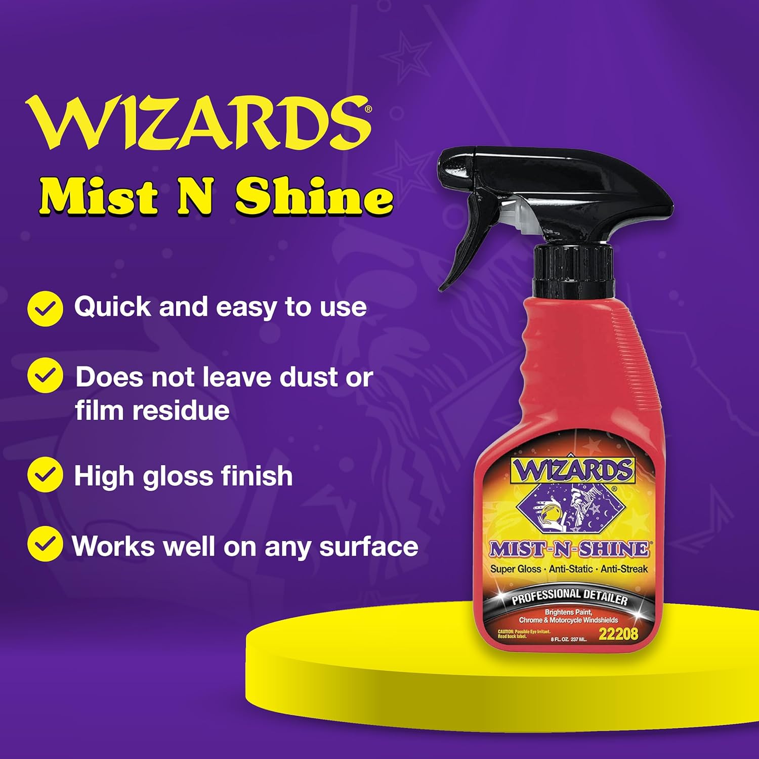 Wizards Mist-N-Shine Detail Spray - 8 Oz - Multi-Purpose High Gloss Finish Waterless Quick Detailer Spray for Glass, Chrome, Paint and Plastics - Car Exterior Cleaner for Auto Detailing Supplies - Image 2