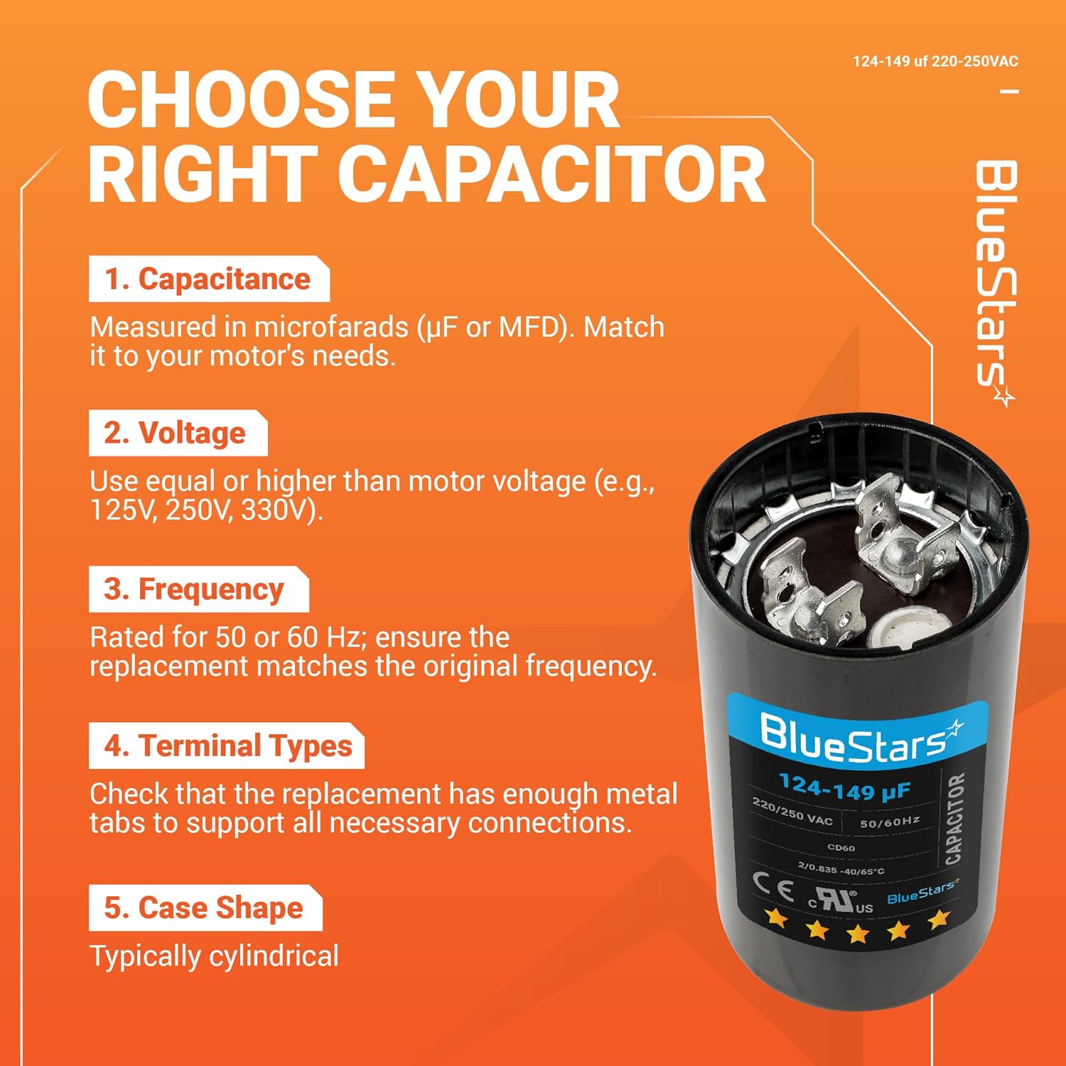 124-149 uf/MFD 220-250VAC Round Run Start Capacitor Replacement Part by BlueStars - Exact Fit for AC Motor Run or Fan Start and Cool or Heat Pump Air Conditioner - Image 6