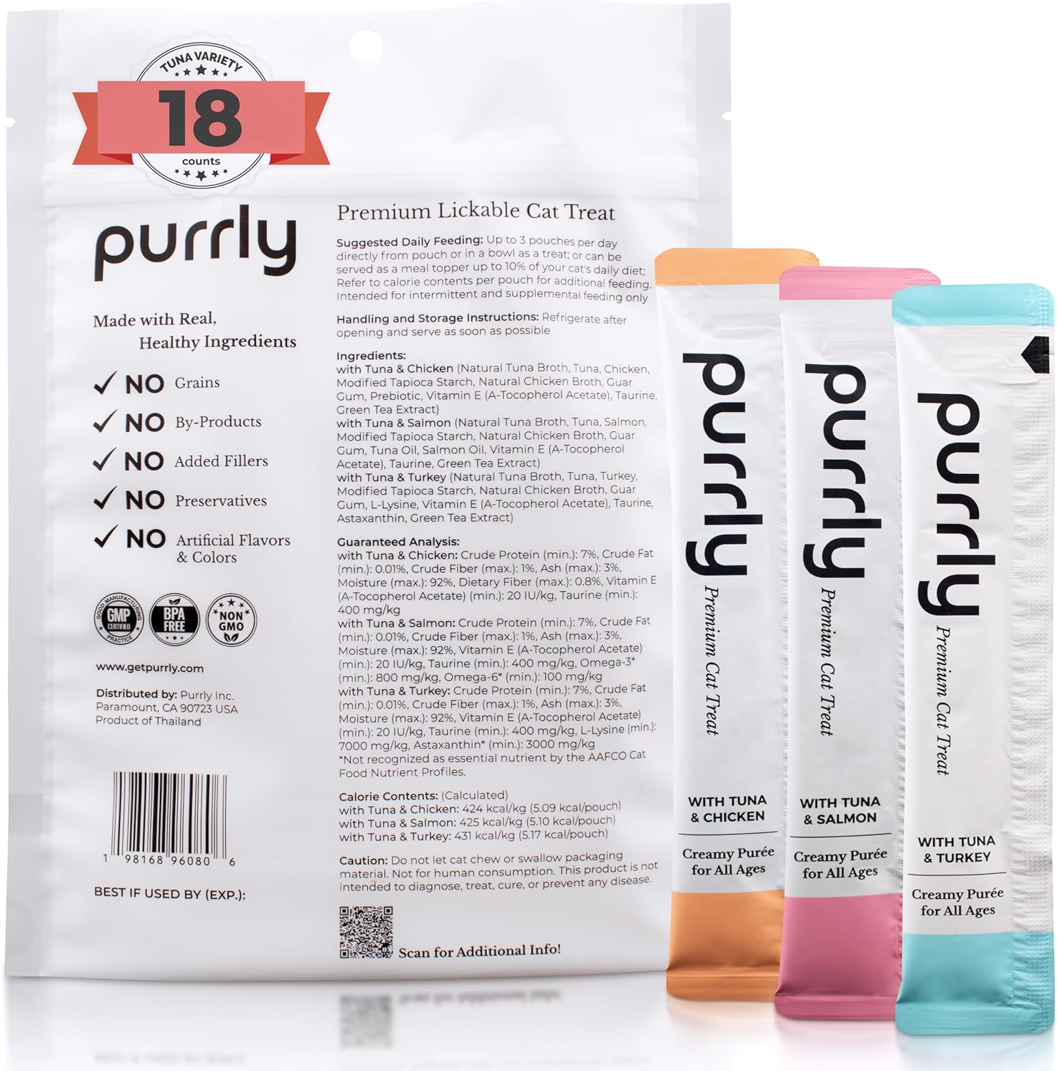 Purrly Cat Treat Snack Wet Lickable Low Calorie Healthy Grain-Free Tuna Variety Packs (18 Count) Squeezable Creamy Purée with Human-Grade Proteins and Functional Nutrients No-Artificial-Additives - Image 7