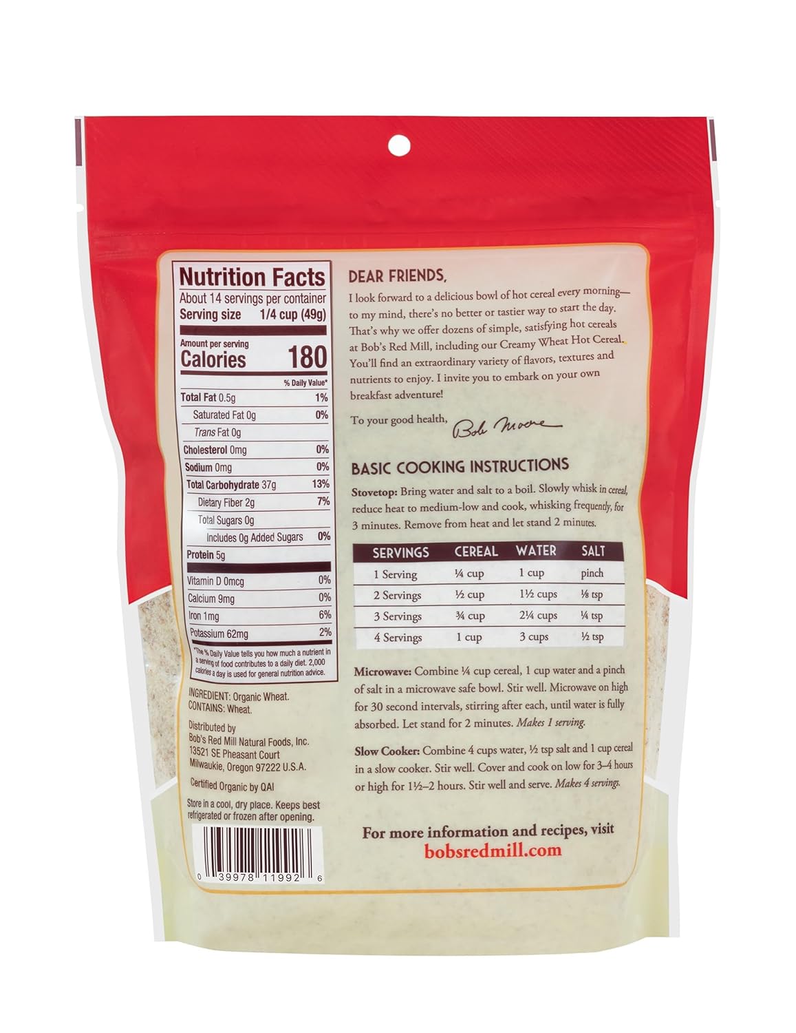 Bob's Red Mill Organic Creamy Wheat Hot Cereal, 24oz (Pack of 4) - Organic, Non GMO, Gluten Free, Whole Grain, Vegan, Kosher - Image 2