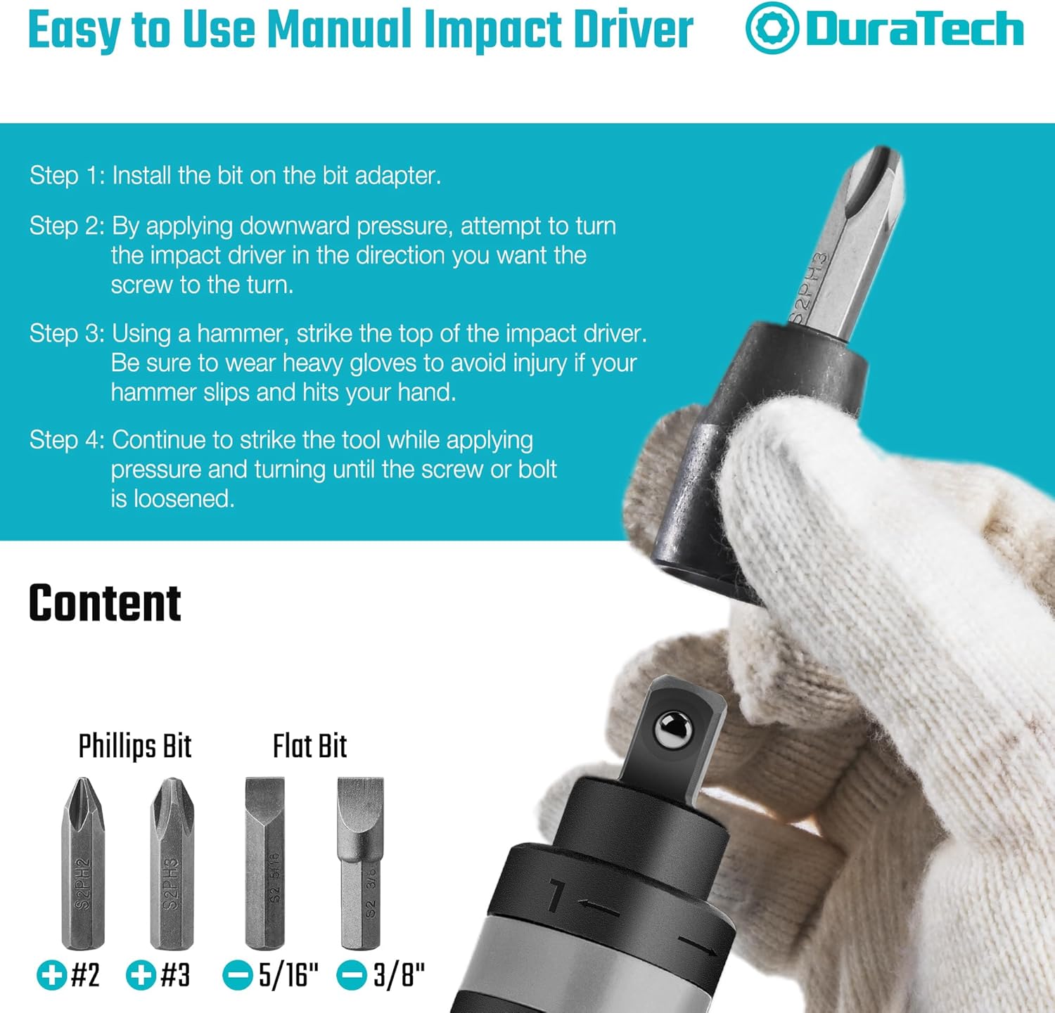 DURATECH 3/8 Inch Drive Manual Impact Driver, Reversible Hand Screwdriver Set, with S2 Steel Bits, 5-Piece, for Tighten/Rusted Fasteners, Organized in Storage Case - Image 5