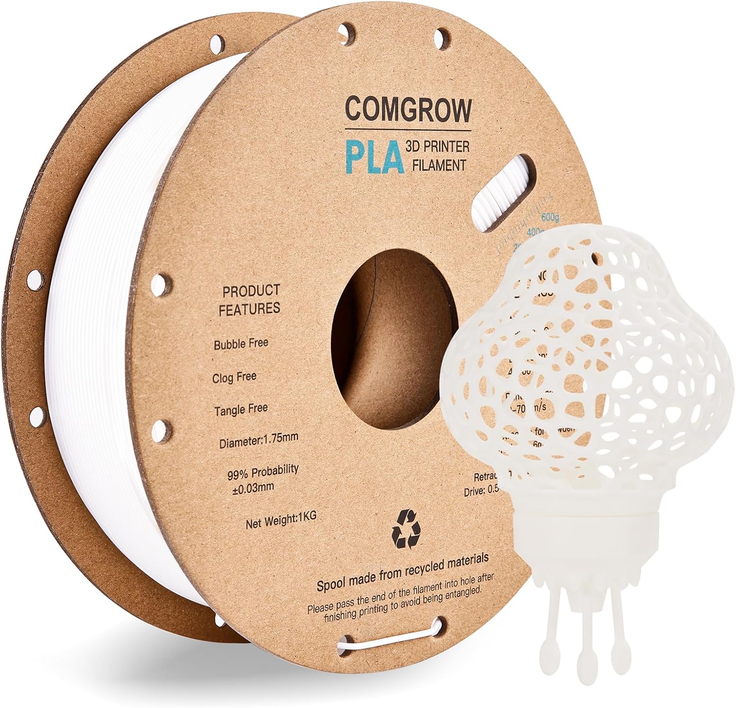 Comgrow PLA 3D Printer Filament, 3D Printer PLA Filament 1.75mm, Dimensional Accuracy +/- 0.02 mm, 1KG Spool PLA White