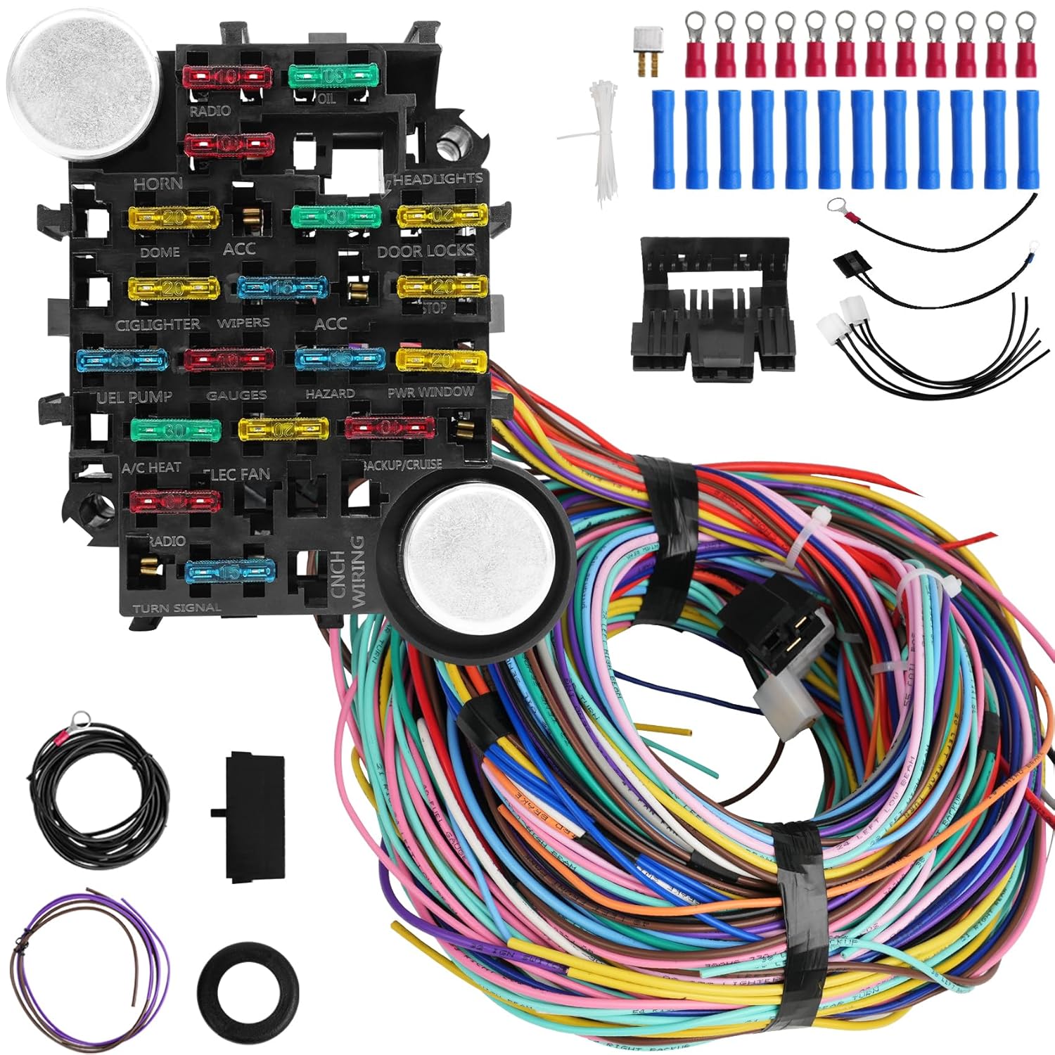 Universal 21 Circuit Wiring Harness Kit, Universal Extra Long Wire 21 Circuit Wiring Harness Standard Color 17 Fuses for GM Chevy Chrysler Dodge Ford Hotrods Plymouth Mopar Mercury Ratrods