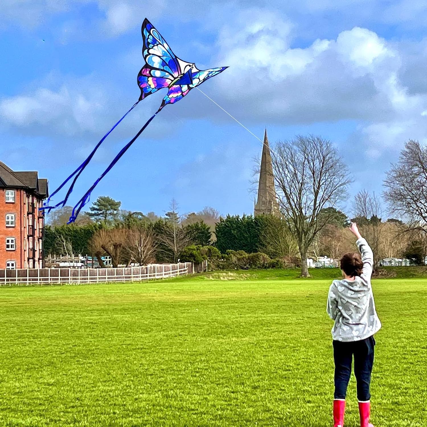 Simxkai Butterfly Kite for Kids & Adults, Easy to Fly Blue Big Kite for Beginners, Line Handle Included (1Pack 2Pack) - Image 4