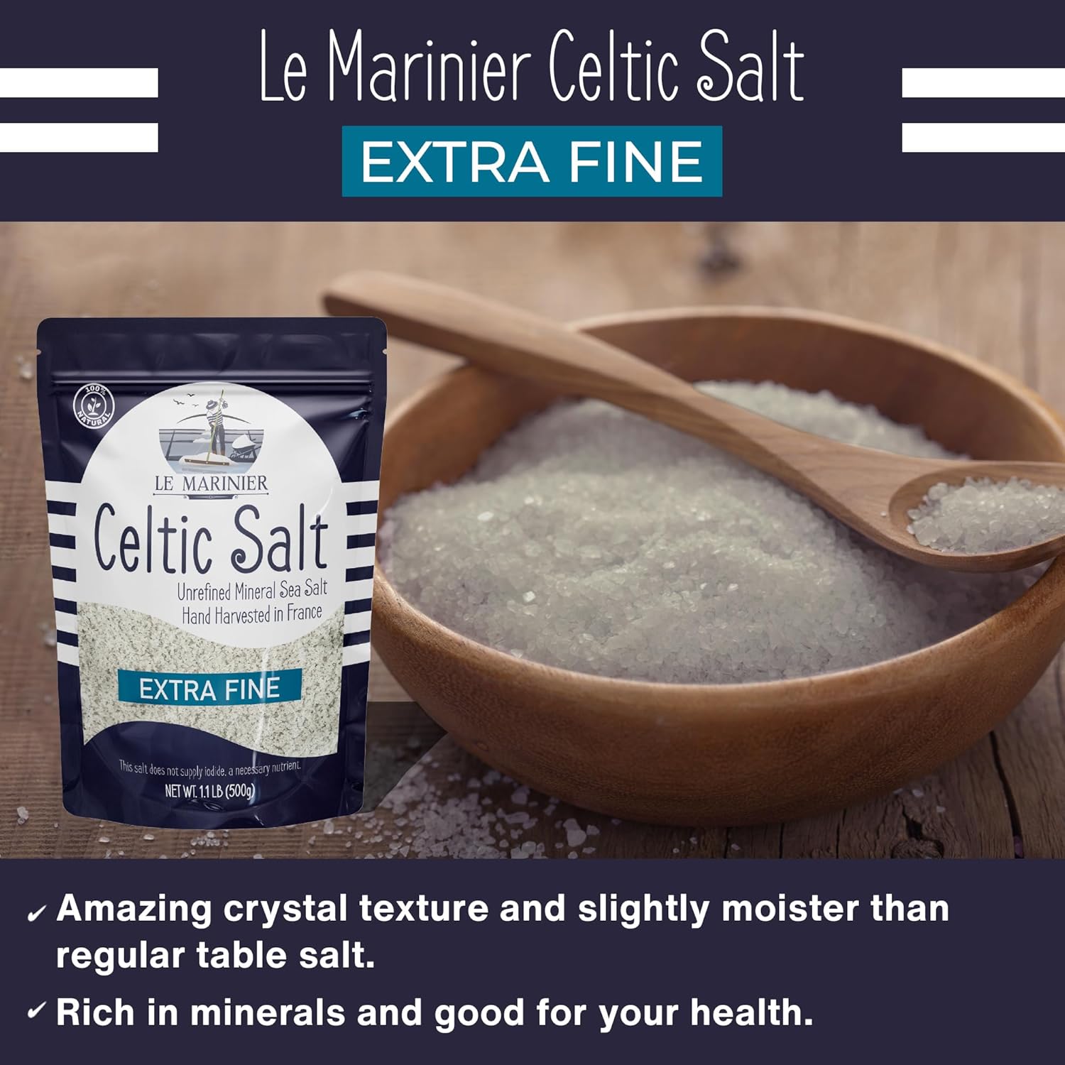 Le Marinier Celtic Salt Organic Extra Fine, 1.1 lb - 18oz. Mineral Rich 100% Natural and Unrefined. French Sea Salt with +82 Vital Minerals. Hand Harvested (1.1 lb Extra Fine) - Image 8