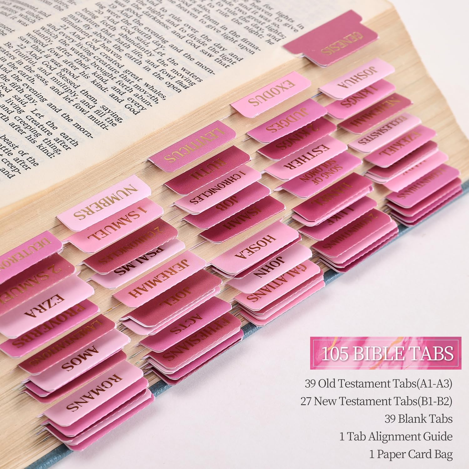 Laminated Bible Tabs, Gold Foil Embossed Lettering Bible Chapter Index Tabs for Women Men, Reposition Large Print Sticky Labels, Easy to Read and Apply, 105 Chapters Labels for Easy Navigation, Pink - Image 6