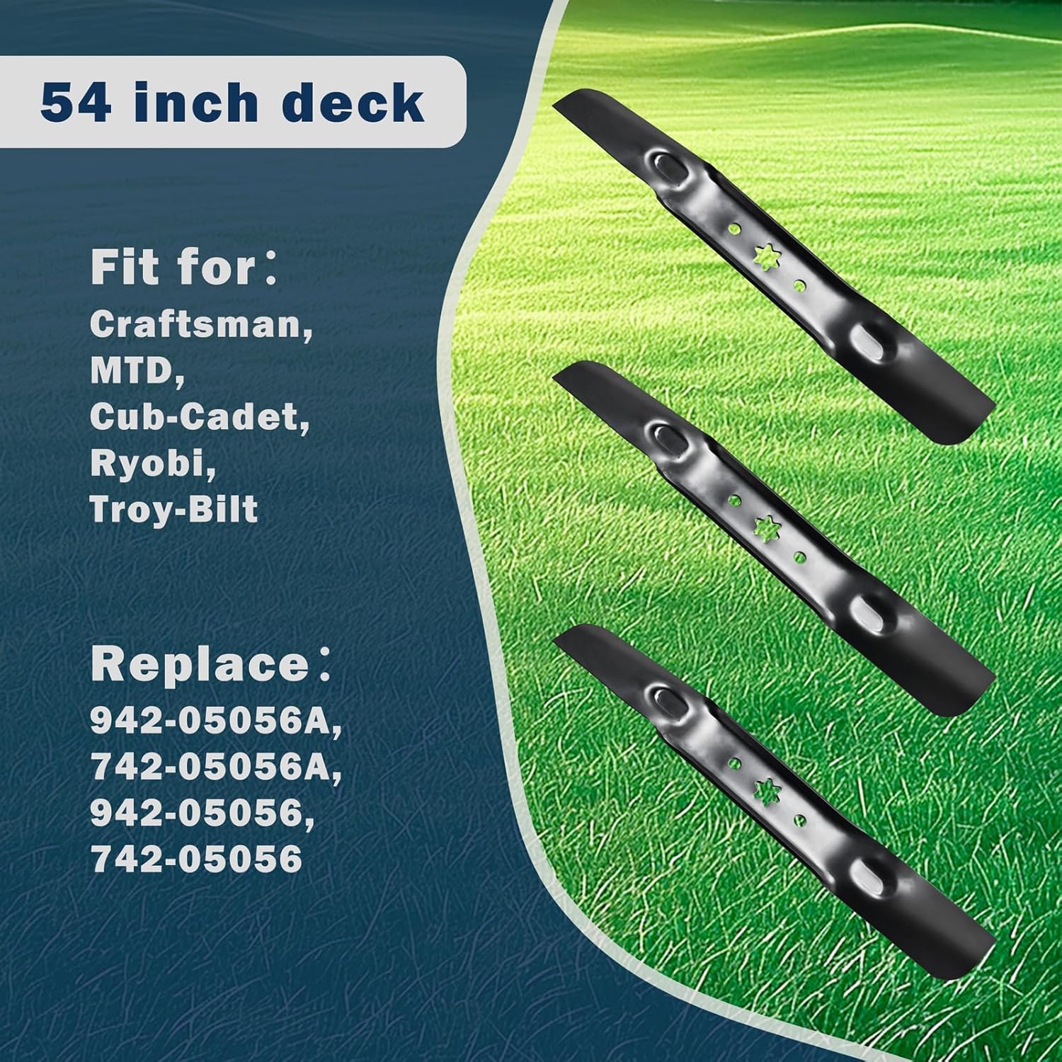942-05056A 2-in-1 Cutting Lawn Mower Blade for Cub Cadet RZT-L54 XT1 XT2 54 inch Deck, Replaces for Craftsman MTD Ryobi Troy-Bilt 742-05056A, 942-05056, 742-05056, 3 PK - Image 3