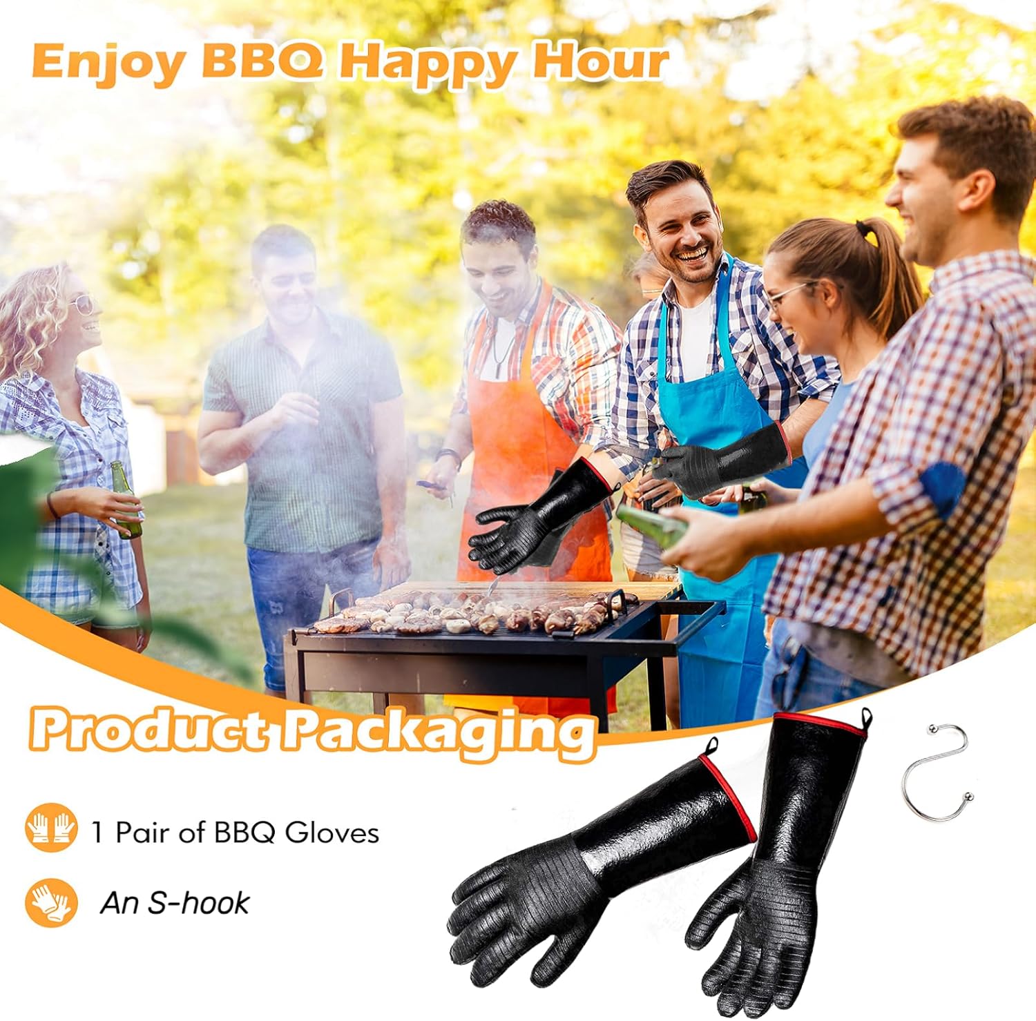 BBQ Gloves - 1472°F Thicken Heat Resistant Gloves w/S-Hook 14 in Kitchen Oven Mitts Waterproof Grill Gloves Oil Resistant Grilling Gloves Cooking Gloves for Turkey Fryer/Baking/Oven/Smoker - Image 7