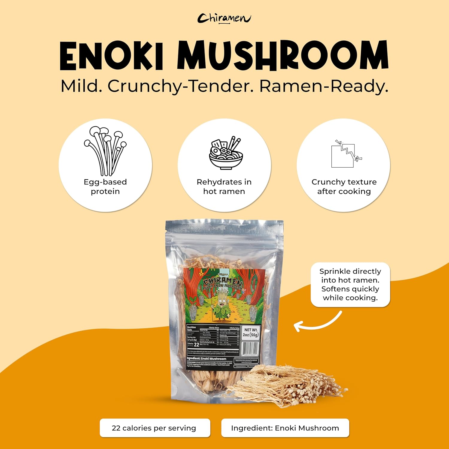 CHIRAMEN Dried Enoki Mushroom Ramen Toppings – Premium Freeze Dried Enoki Mushrooms for Ramen, Cup Noodles, Soups, Hot Pot & Asian Noodle Dishes - Image 5