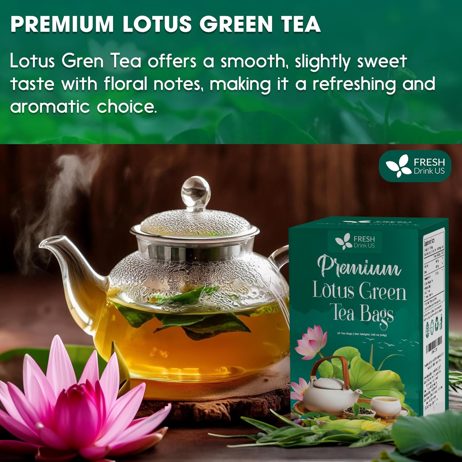 FreshDrinkUS, Premium 20 Tea Bags of Lotus Green Tea, 100% Natural. Exquisite Flavor, Handpicked Leaves, Perfect for Tea Lovers. No Sugar, No Gluten, Vegan. - Image 10