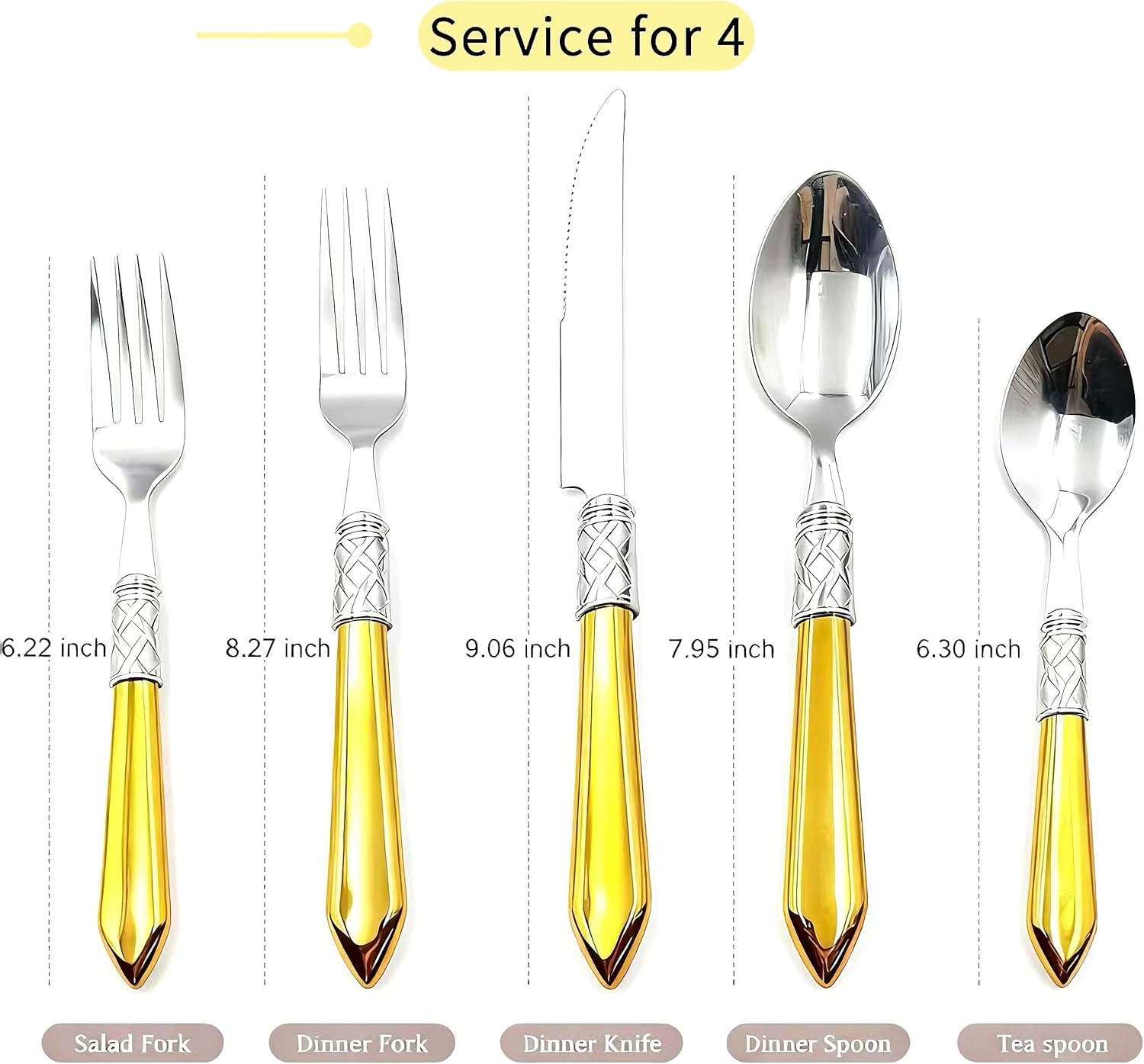 HiFind 20 Piece Silverware Set Service for 4, Flatware Set, Premium Stainless Steel Cutlery, Mirror Cutlery Utensil Set, Polished Include Fork Knife Spoon, Dishwasher Safe (Yellow, 20Piece for 4) - Image 4