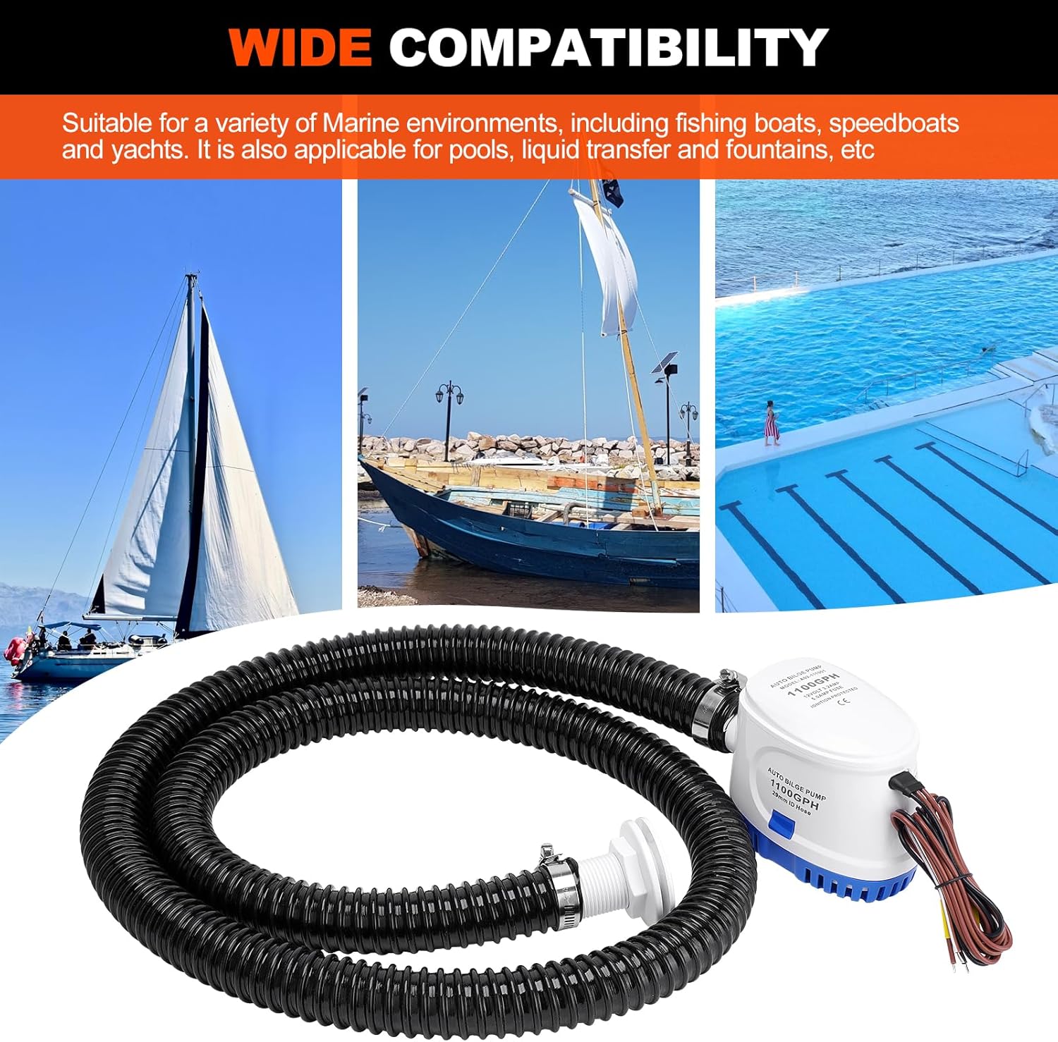 1100 GPH Automatic Boat Bilge Water Pump 12V, 1-1/8 Inch Dia Bilge Pump Plumbing Kit with 6FT Hose, 2 Clamps, Thru-Hull Fitting, Ideal for Fishing Boats, Cruisers, Runabouts, Yachts - Image 8