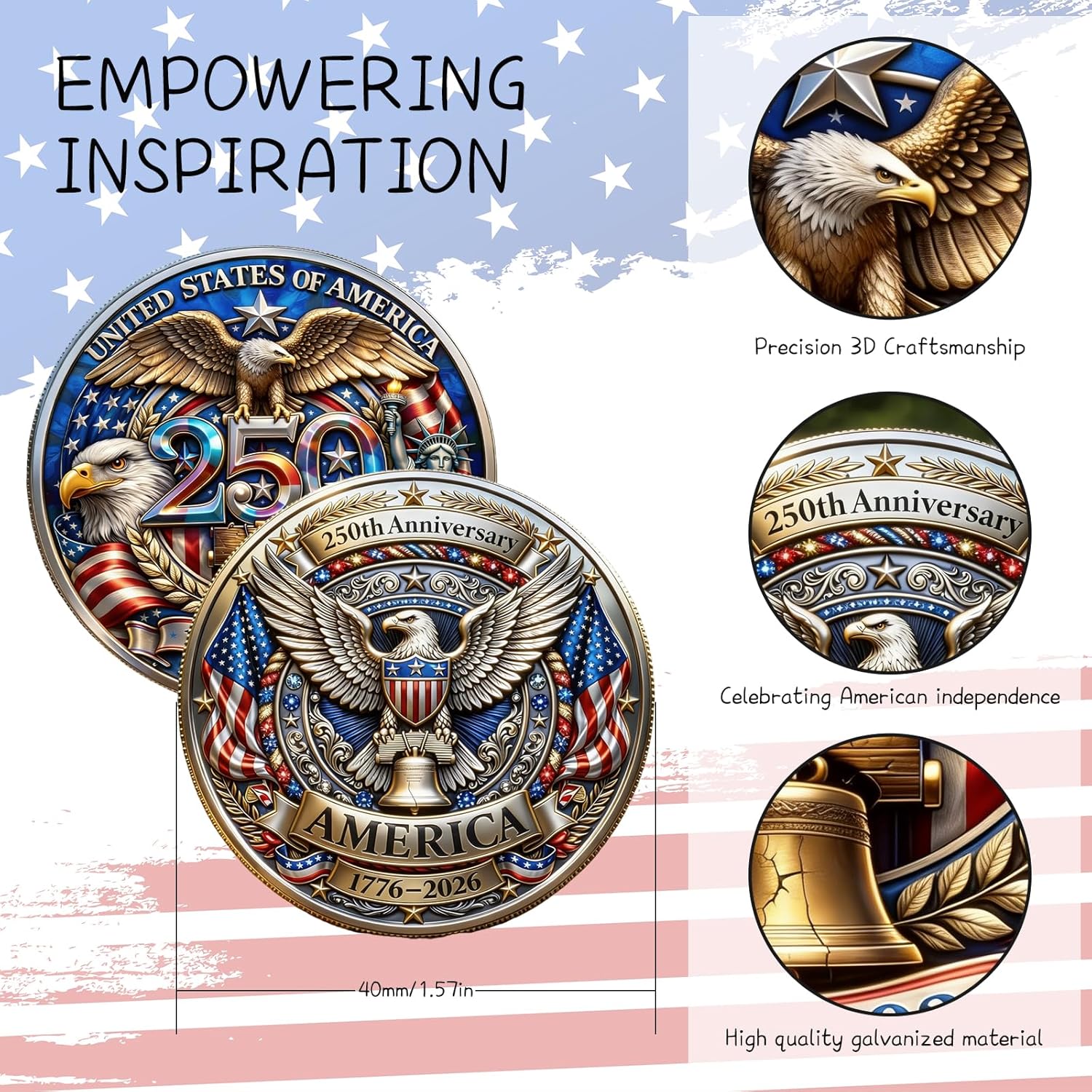 USA 250th Anniversary Challenge Coins Commemorative Coin, American Eagle Patriotic Design, America Merchandise 250 Collectible 250 Anniversary Coin (QQ) - Image 3