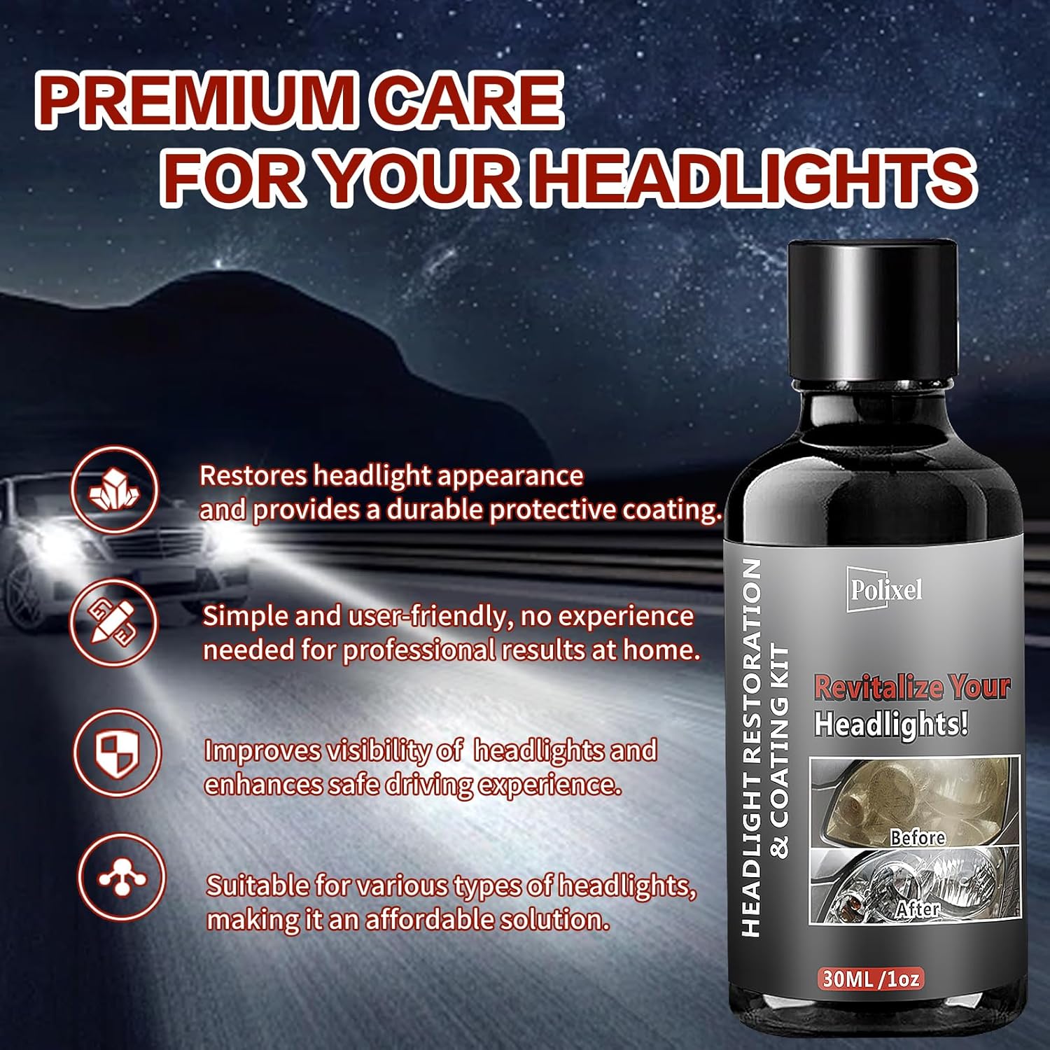 Car Headlight Restoration Kit, Instant Headlamp Restorer with Clarity Coating Fluid, Sandpaper Oxidation Removal Cleaner to Fix Cloudy, Yellowing, Scratches & Stains -1oz/30ml - Image 4