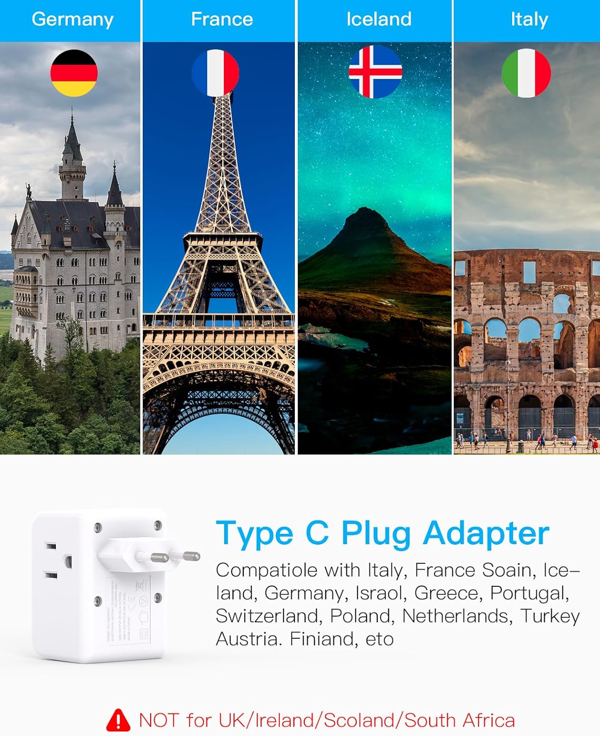 3 Pack European Travel Plug Adapter, One Beat International Power Plug Adapter with 3 Outlets 3 USB Ports(2 USB C), Type C Adapter Travel Essentials for US to Most Europe EU Italy France Germany Spain - Image 2