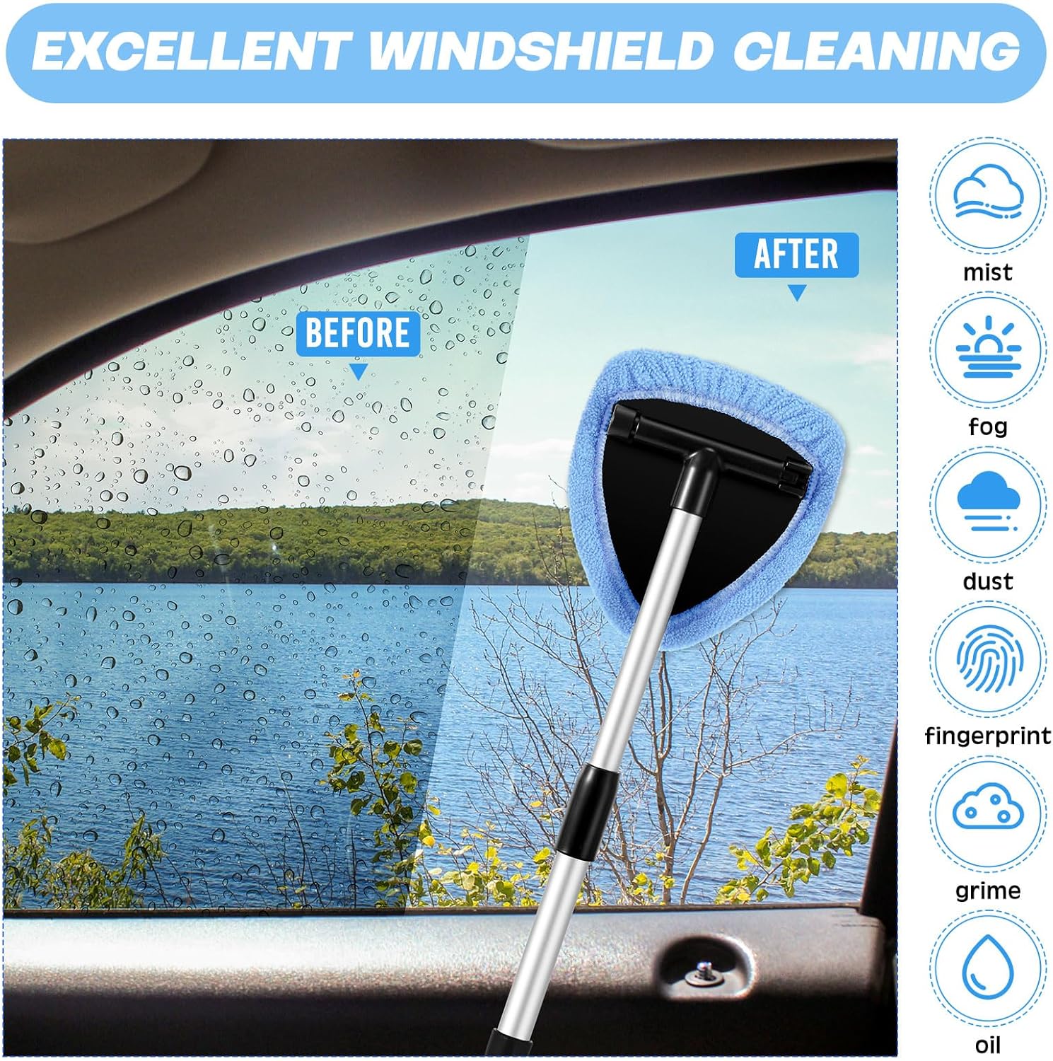 Baderke 10 Pcs Windshield Cleaner Tool Car Window Cleaning Supplies with Extendable Handle Include 6 Washable Microfiber Bonnets 2 Empty 60ml Spray Bottle Glass Wiper Kit(Light Blue) - Image 4