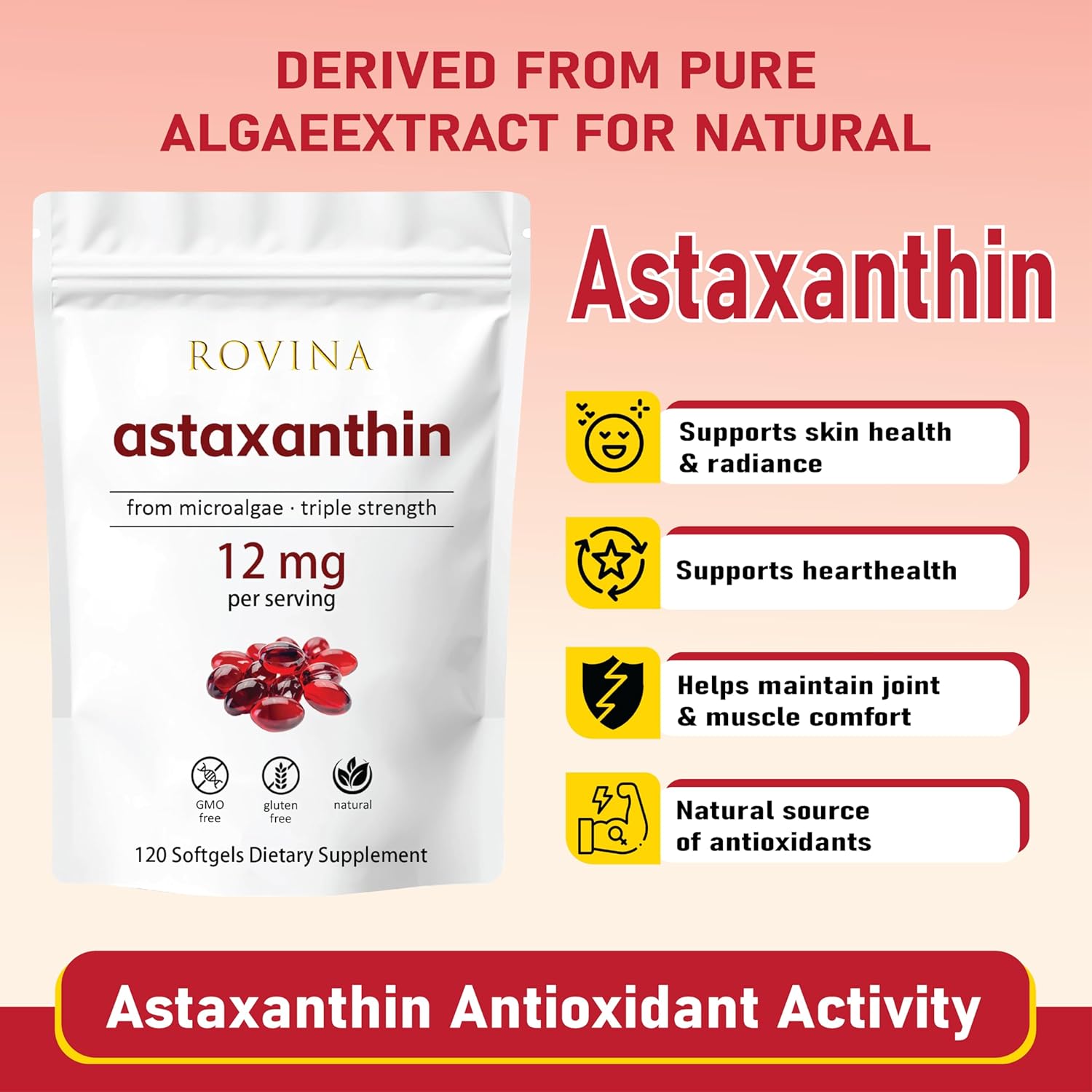 Rovina Astaxanthin 12mg Softgels • Powerful Natural Antioxidant to Support Eye Comfort, Skin Vitality & Immune Health • Gluten Free • 120 Grains - Image 2