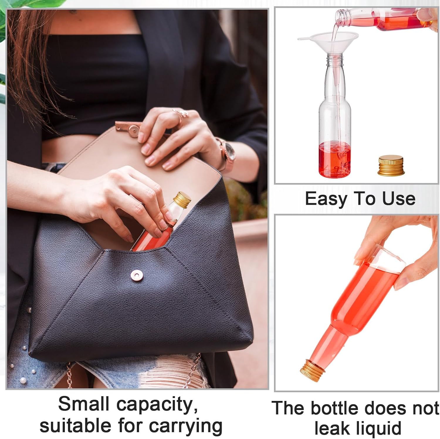 120 Pcs Mini Liquor Bottles Airtight Shot Miniature Empty Plastic Alcohol Spirit Shot Bottles with Funnels for Party Favors, Weddings(3.3 oz,Gold) - Image 3