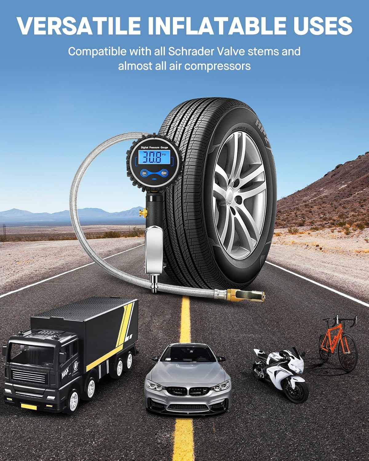 Vondior Digital Tire Inflator with Pressure Gauge 200 PSI - Large 2" Digital Dial, Heavy Duty Air Chuck and Compressor Accessories with Tire Tread Depth Gauge and Quick Connect Coupler Car Accessories - Image 7