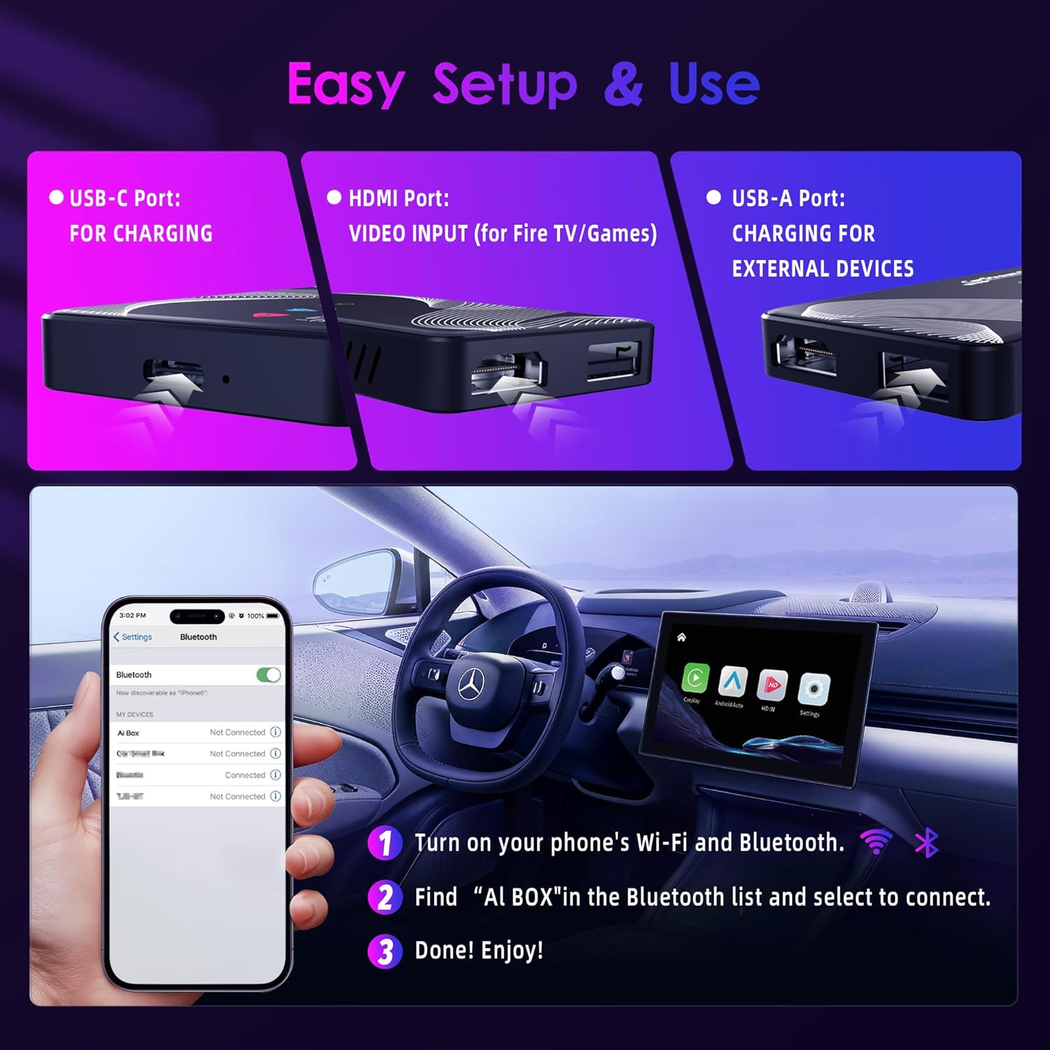 2026 Upgraded 【 3-in-1 】 HDMI Input Car TV & Wireless CarPlay Adapter & Android Auto, Stream TV Stick/i-Phone/Android Phone to Your Vehicle, Plug & Play for Factory Car Stereo 2016+ - Image 6