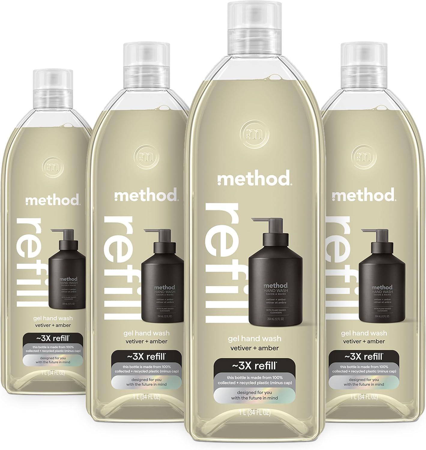Method Premium Gel Hand Wash Refill, Vetiver + Amber, Recyclable Bottles, 34 fl oz (Pack of 4) (Packaging May Vary)