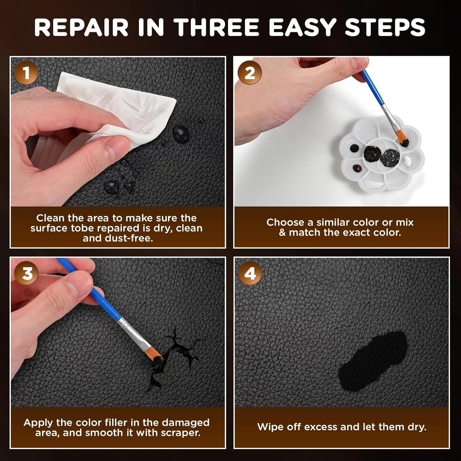Kenbry Leather Repair Kit for Furniture, Car Interiors,Car Seat,Brown Leather & Vinyl Repair Kit for Couches,Shoes,Real & Artificial Leathers, PU, Fix Scratch, Tears, Peeling, Burn Hole, Fade - Image 3