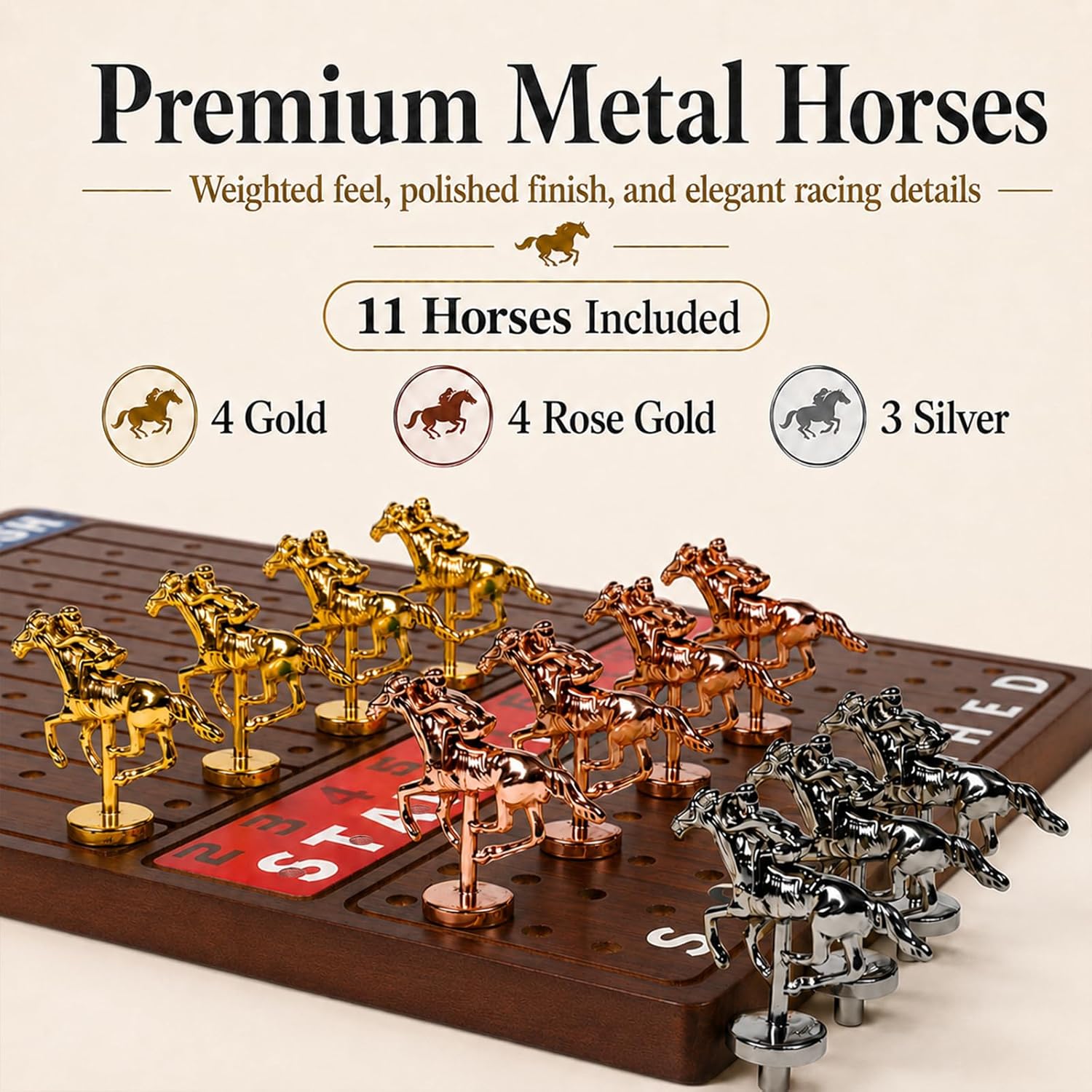Jyquorp Horse Race Board Game Wooden Kentucky Derby Party Game Set with 11 Metal Horses, 2 Dice & 2 Card Decks, Large Solid Wood Horse Racing Board Game for Family & Adults (15.6" x 10") - Image 4