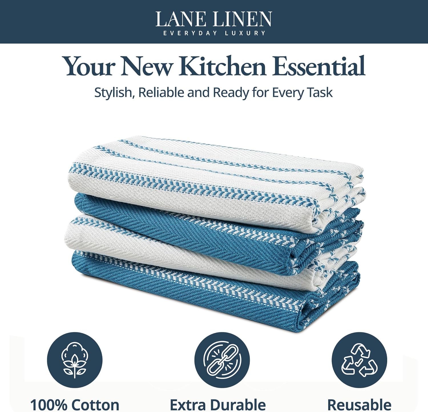 LANE LINEN Kitchen Towels Set - Pack of 4 Cotton Dish Towels for Drying Dishes, 18”x 28”, Absorbent Tea Towels, Quick Drying Kitchen Towel Set - Blue Saphire - Image 3