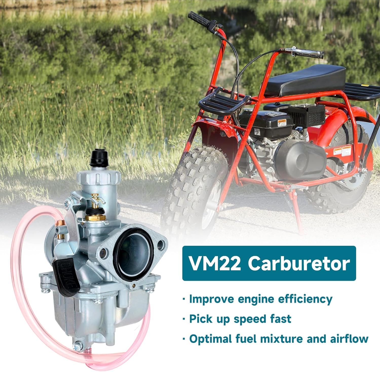 FVRITO Racing VM22 Carburetor for Predator 212cc 196cc 224cc Coleman CT200U BT200X GX160 GX200 6.5hp OHV Clone Engine KT196 Baja MB200 Mini Bike Go Kart with 38mm Air Filter Performance Parts Black - Image 2