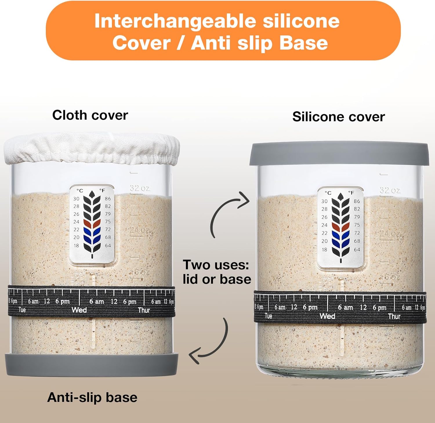 Premium Pro Sourdough Starter Jar Kit - 40oz Large Wide Mouth Sourdough Bread Jar with Marked Feeding Band, Thermometer, Scraper, Cloth Cover and Silicone Lid/Base, Glass Container, Baking Supplies - Image 6