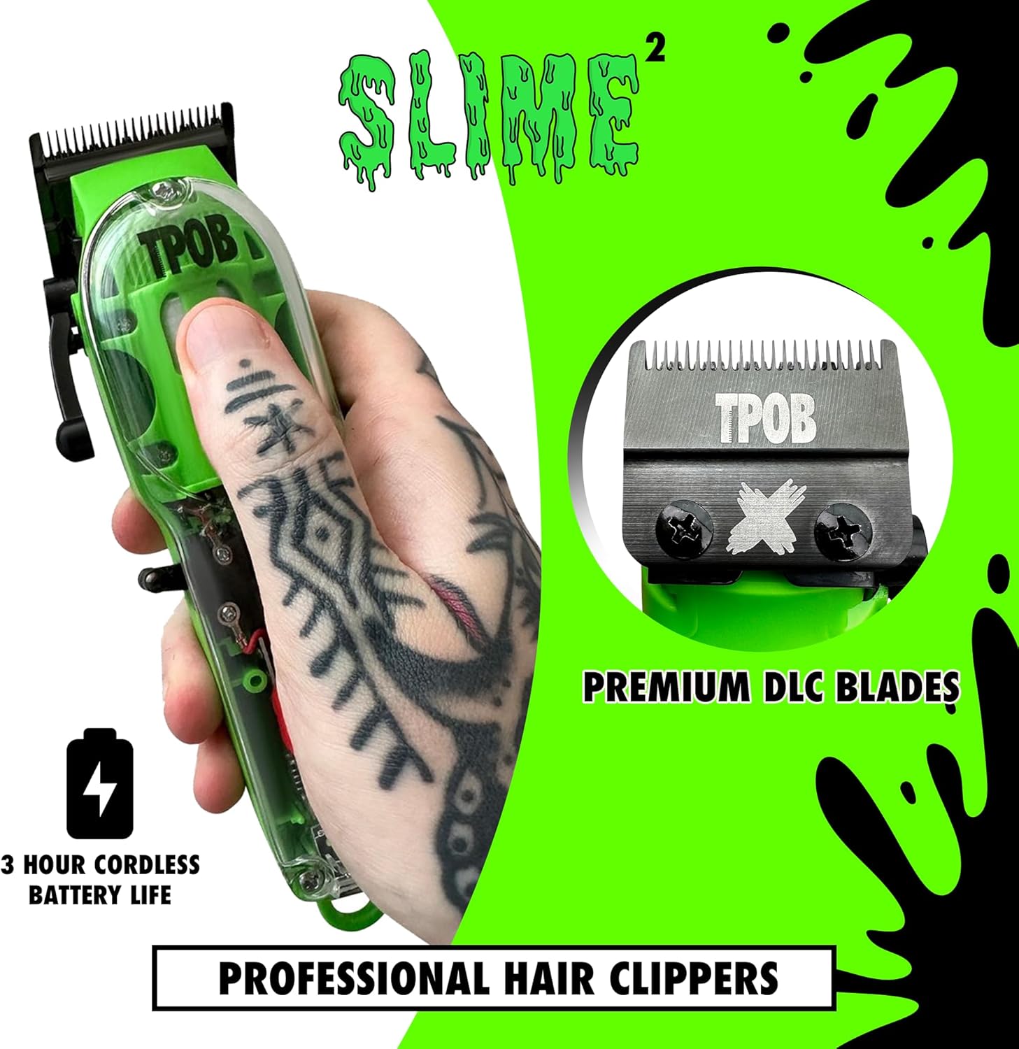 TPOB Slime 2 Barber Hair Clippers for Men 6800 RPM with Matte Green Case and X Fade Blade - Image 2
