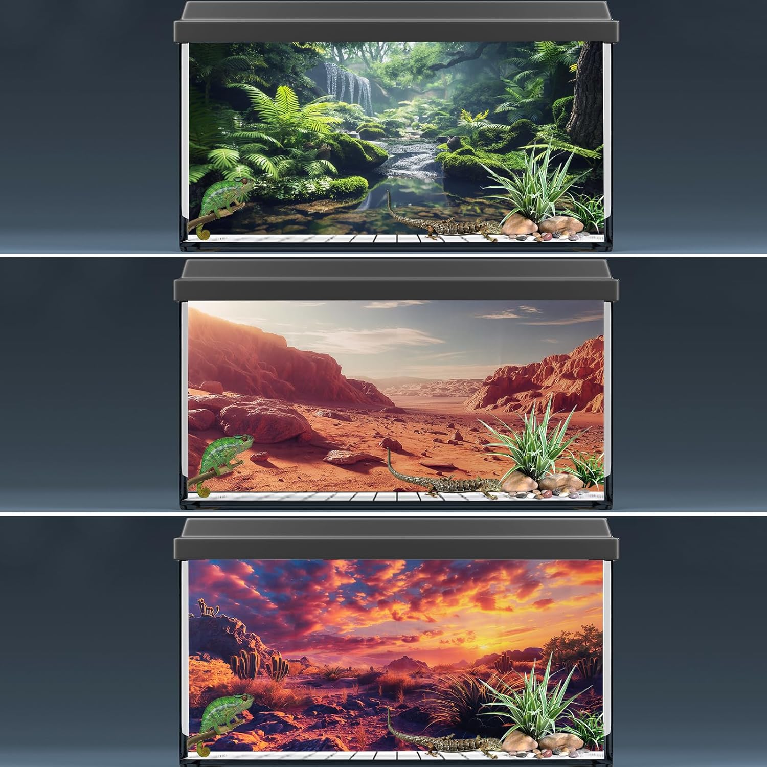 COMSUN 3 Pack Terrarium Background, 48x18 inches Polyester Reptile Background, Cloth Terrarium Backgrounds, Gobi Sunshine Cactus Stone & Green Tree Fern Stream Backgrounds - Image 6