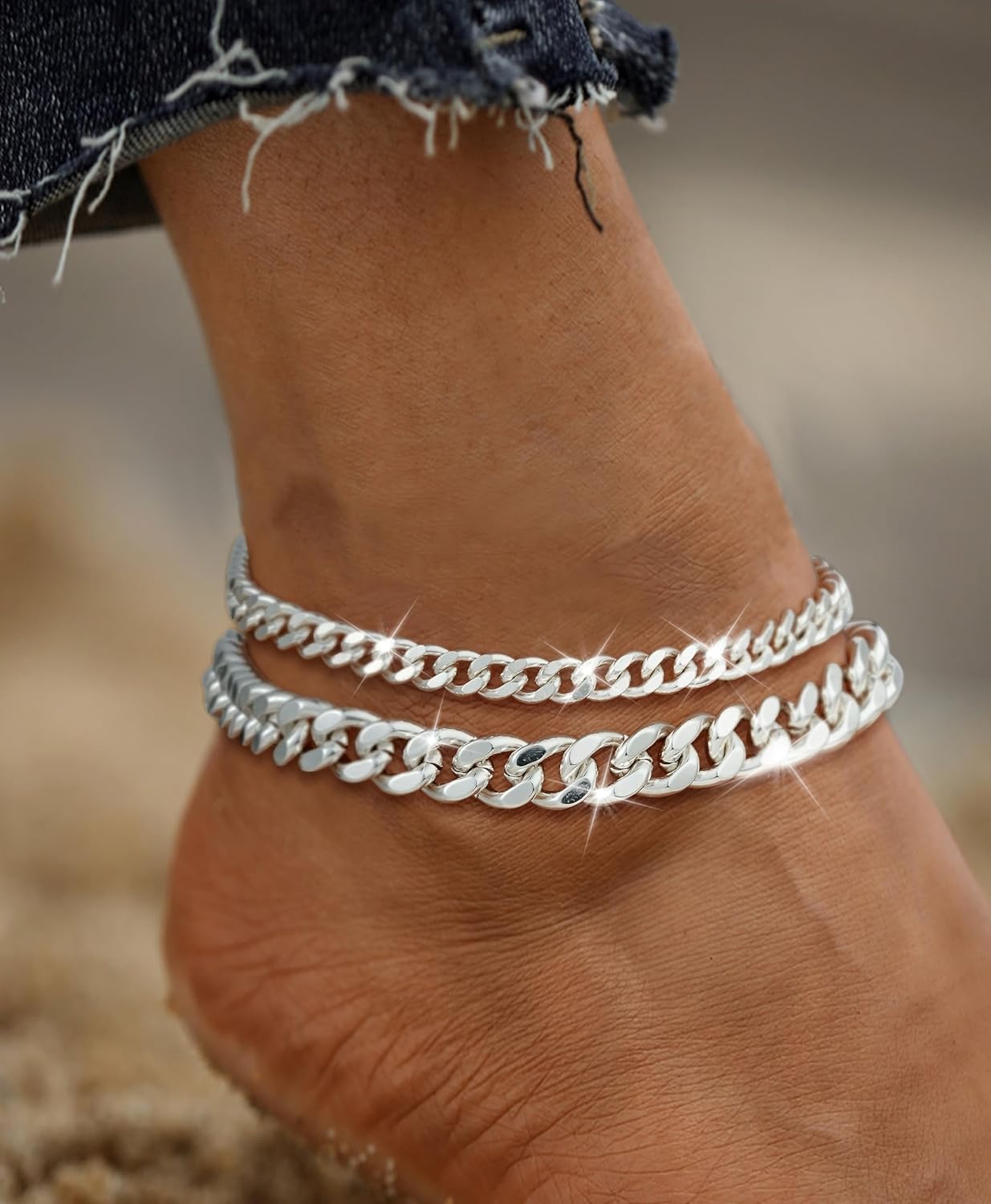 Gold Ankle Bracelets for Women Waterproof - Dainty Gold Anklets Trendy Layered 14K Gold/Silver Plated Stackable Chunky Cuban Link Chian Anklet Bracelet Set for Women Non Tarnish Beach Jewelry Gift - Image 8
