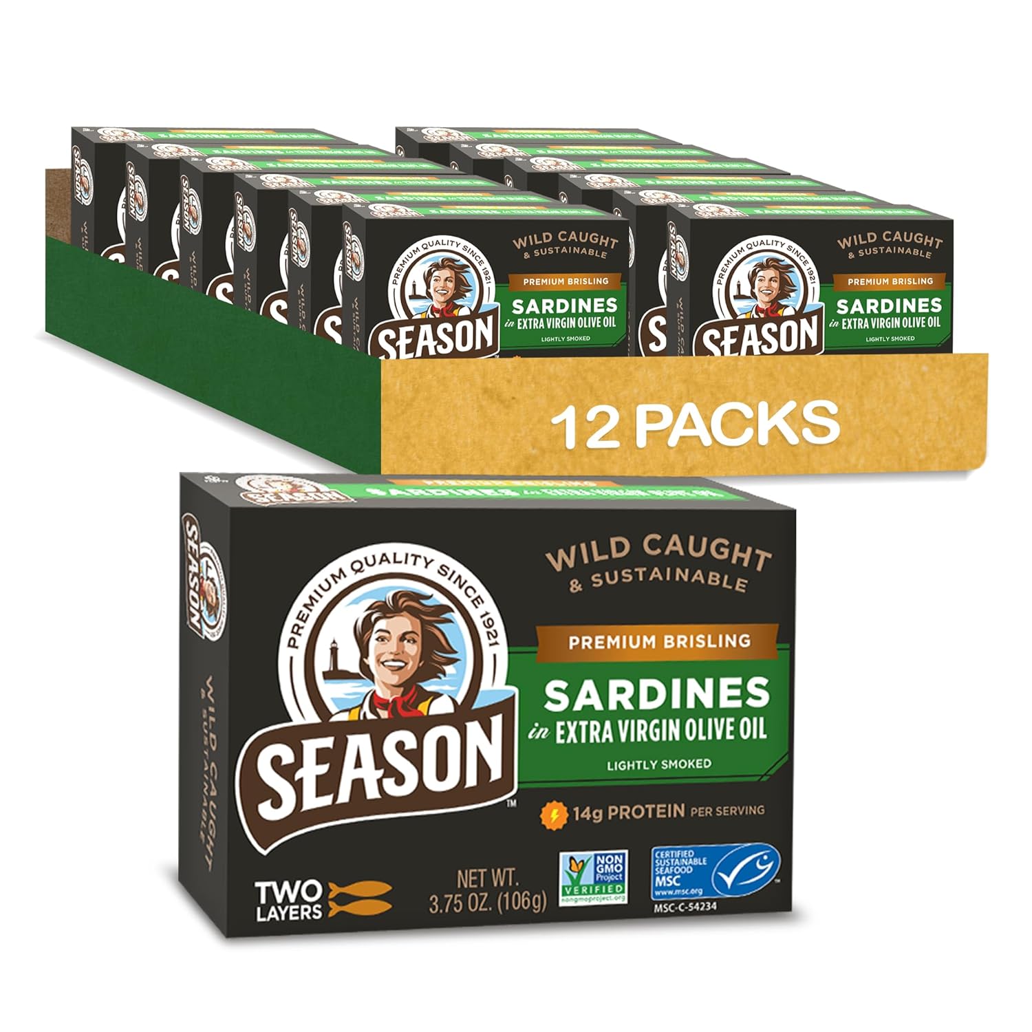 Season Brisling Sardines in Extra Virgin Olive Oil - Wild Caught, 14g of Protein, Keto Snacks, More Omega 3's Than Tuna, Kosher, High in Calcium, Canned Sardines, Two Layers - 3.37 Oz Tins, 12-Pack