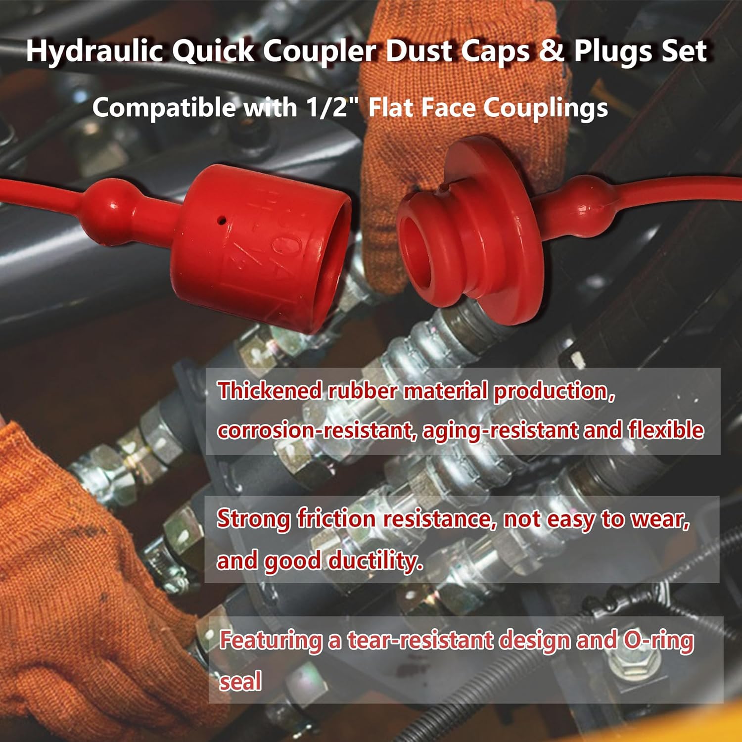 8 Pcs Hydraulic Dust Caps & Plugs Set, Quick Coupler Cover, Hydraulic Quick Disconnects Port Plug Fittings, Compatible with 1/2" Flat Face Couplings for Skid Steer Loaders and Tractor - Image 5