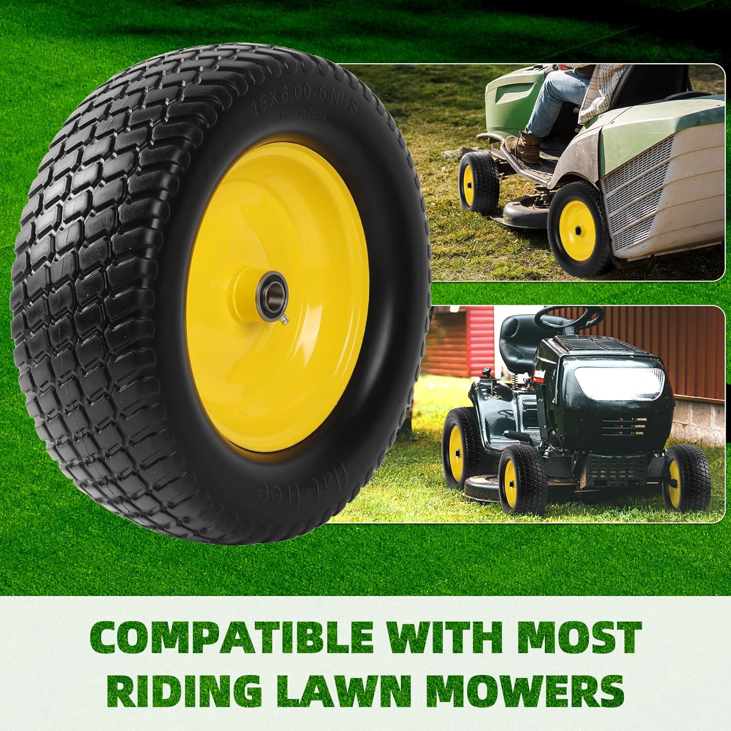 AR-PRO (2 Pack) 15x6.00-6 Flat Free Tire and Wheel, Solid Lawn Mower Front Tires with 3" Centered Hub, 3/4" & 5/8" Bearings & 1" Bushings, Compatible with John Deere Riding Mower Lawn Tractor - Image 3
